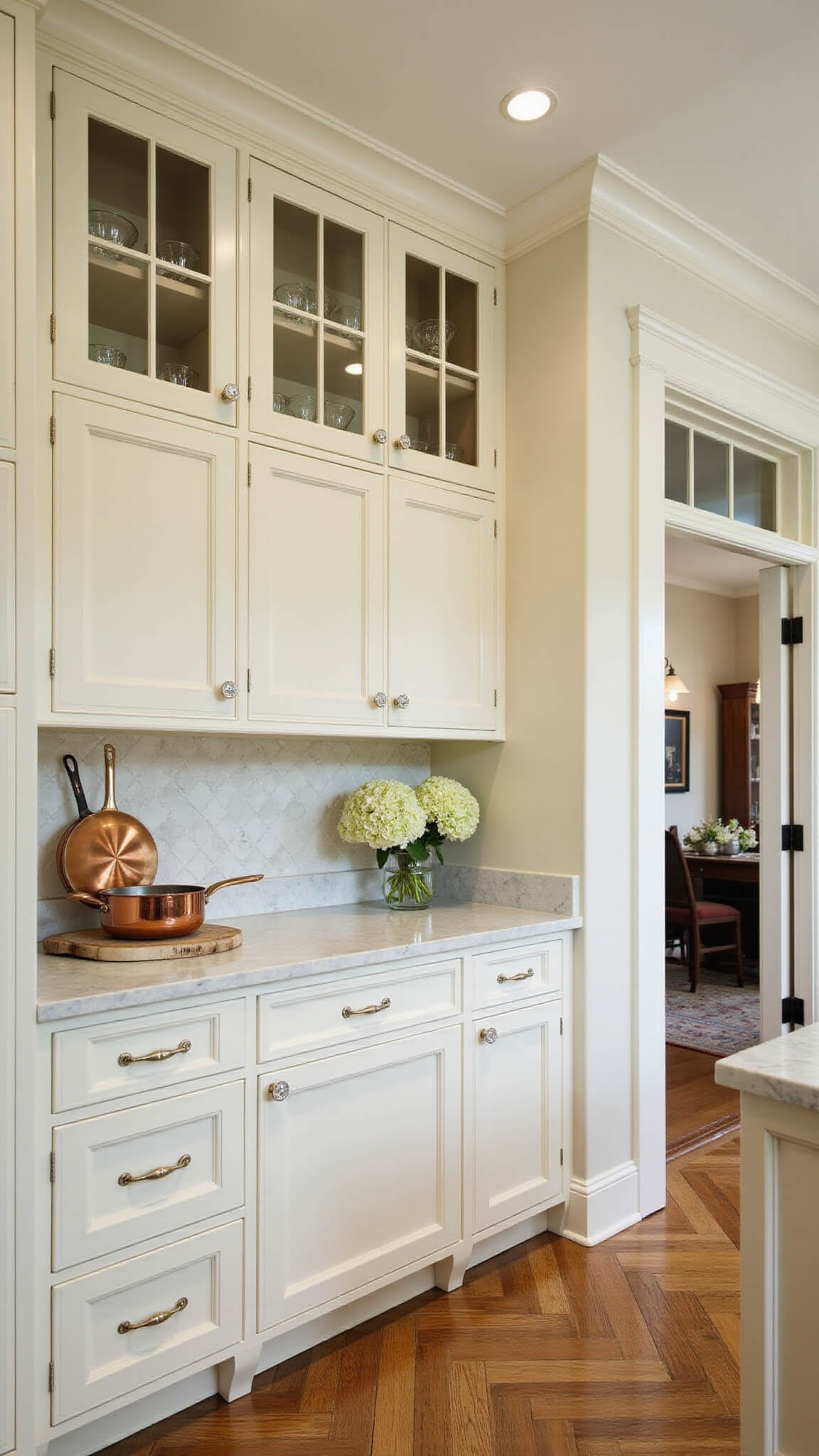 Traditional cream Shaker kitchen with glass cabinets, marble herringbone backsplash, copper accents, and natural afternoon light.