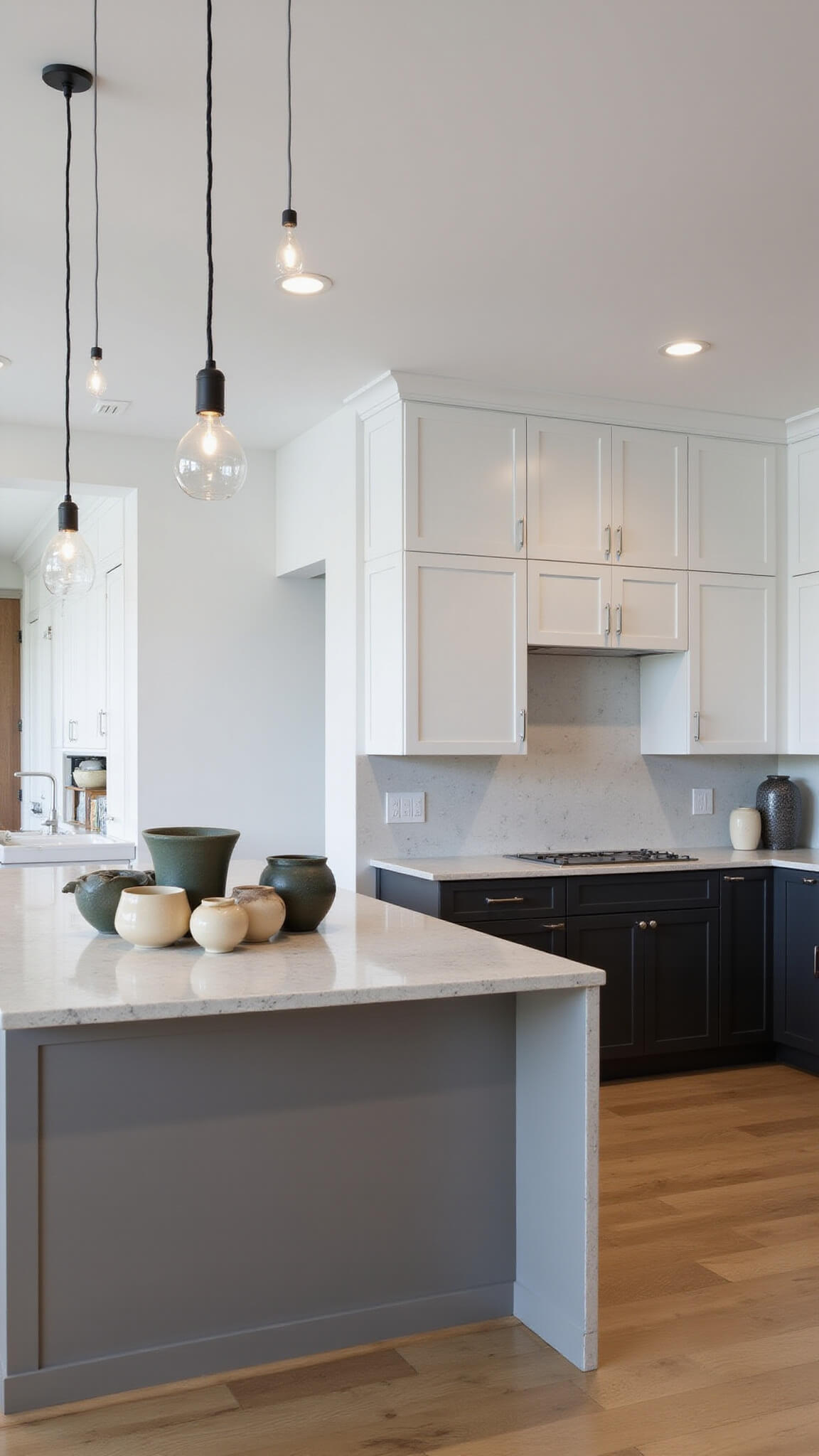 Modern open-concept kitchen with white upper and charcoal lower Shaker cabinets, waterfall quartz island, and pendant lighting creating dramatic shadows.