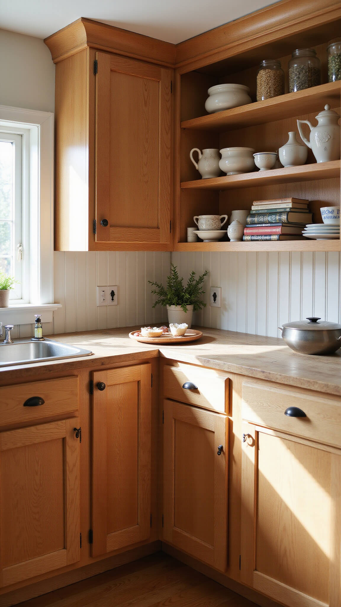 Cozy cottage kitchen with pine Shaker cabinets, butcher block counters, open shelves, and morning light streaming in.