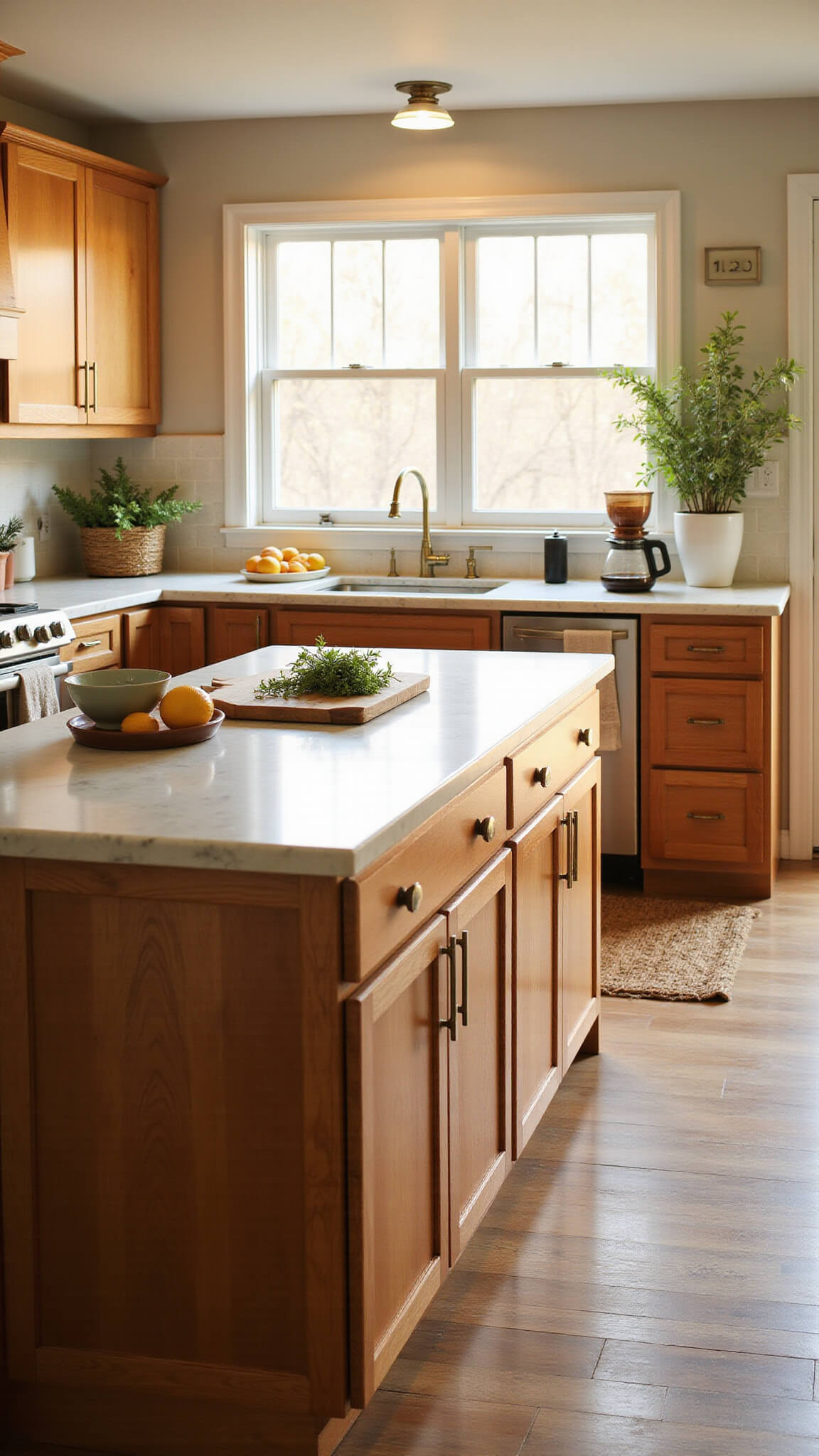 Warm, sunlit kitchen with alder wood cabinets, marble island, and artisanal decor under golden hour light.