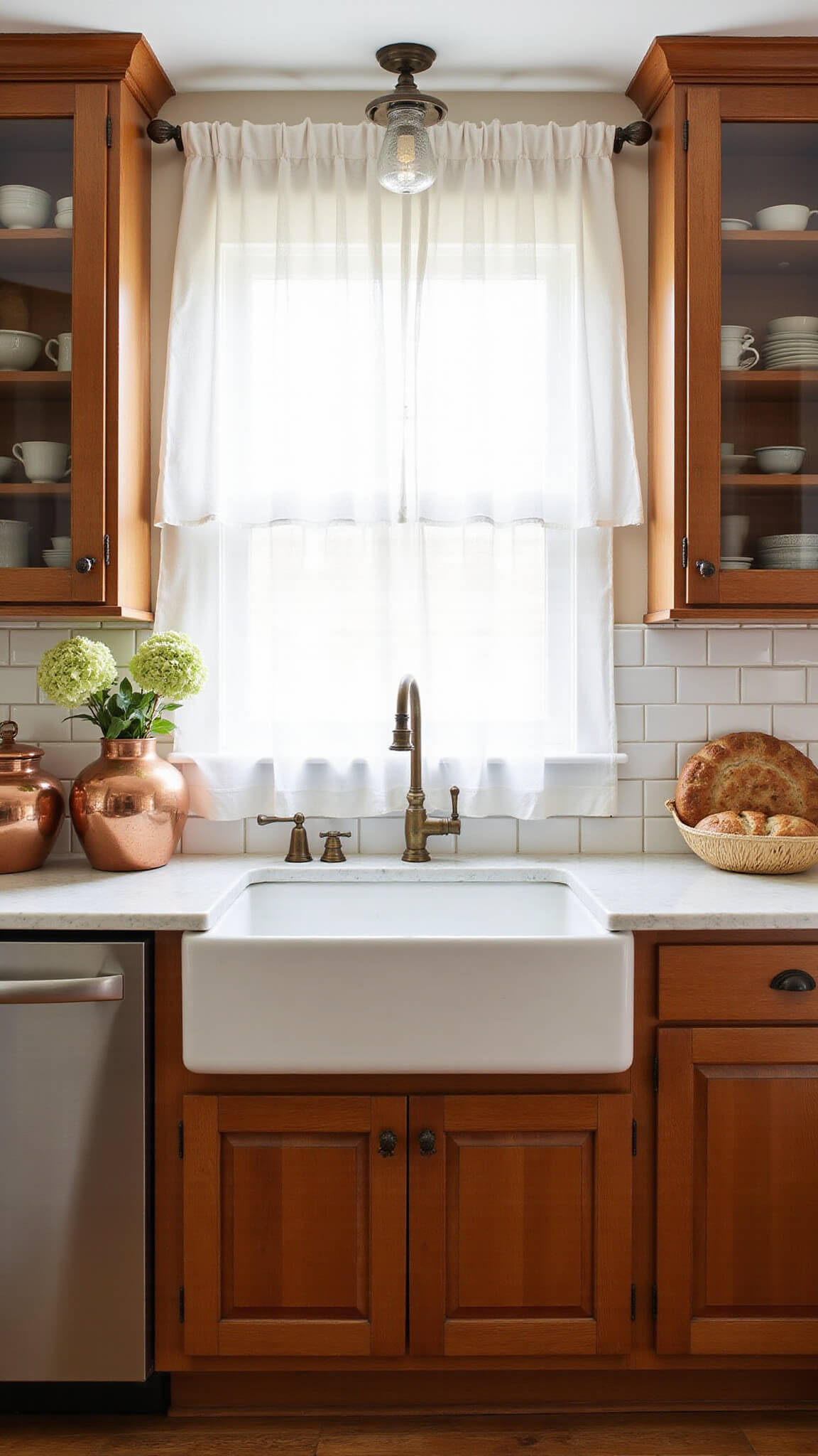 Transitional 10x12ft kitchen with alder wood cabinets, farmhouse sink, aged brass faucet, white subway tile, and morning light through sheer curtains.