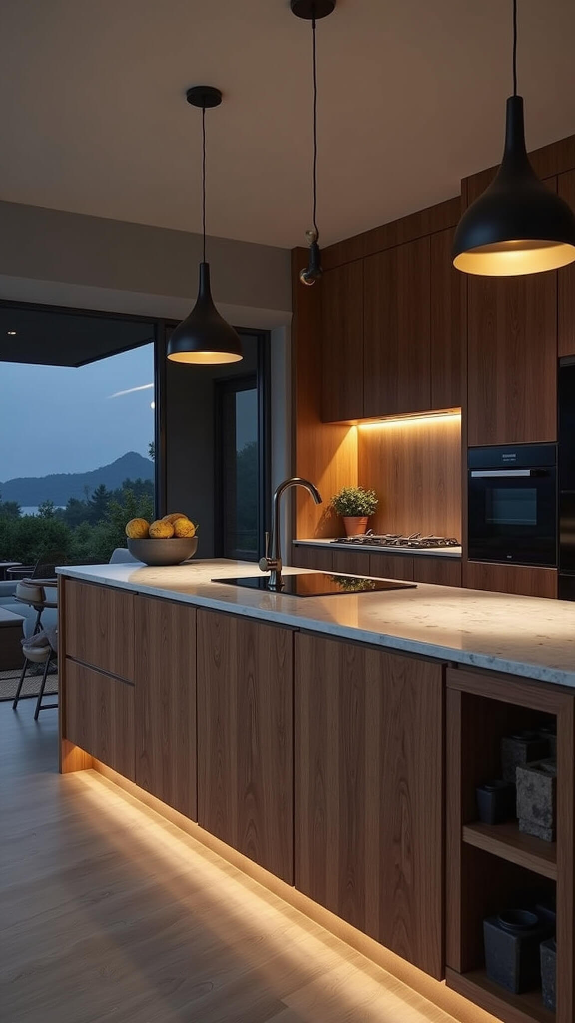 Modern open-concept kitchen at dusk with dark alder cabinets, waterfall quartz island, warm pendant lighting, and minimalist decor in deep browns and charcoal tones.