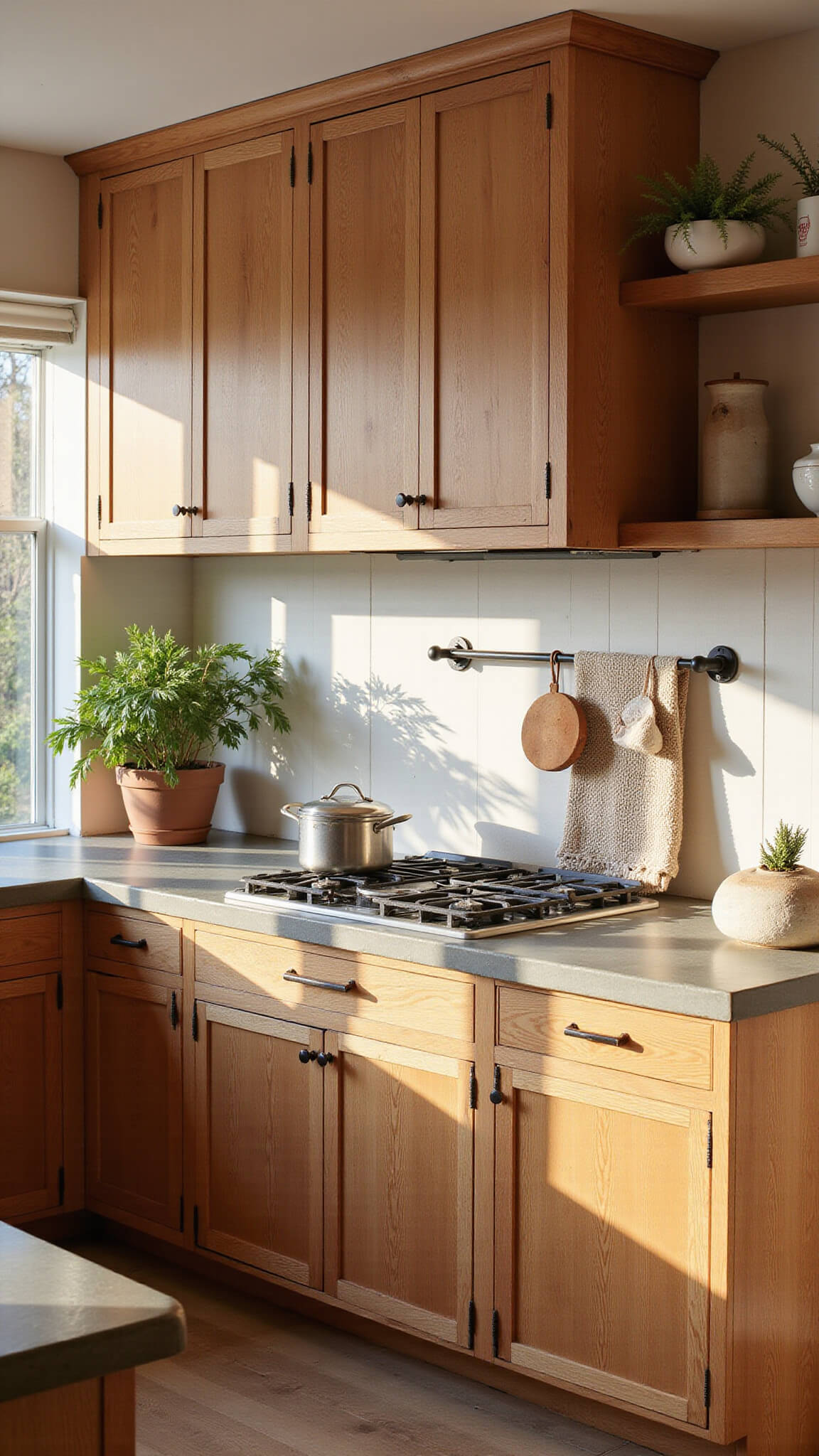 Rustic-modern 11x13ft kitchen with natural alder cabinets, concrete countertops, and vintage decor in soft morning light.