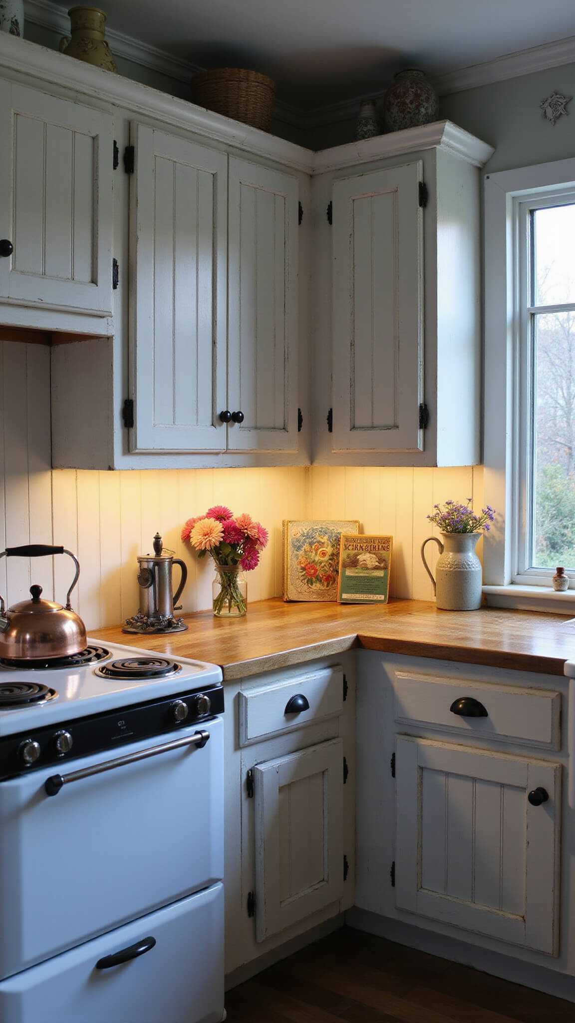 Cozy 9x11ft cottage kitchen at dusk with whitewashed alder cabinets, vintage enamel stove with copper kettle, soft lighting, garden flowers, cookbooks, and ceramic pitchers in a nostalgic, warm-toned setting.