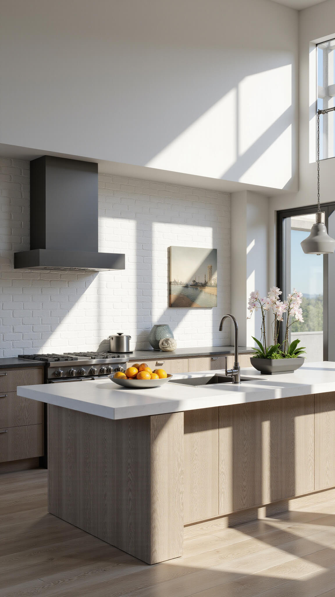 Modern 13x15ft kitchen with gray wash alder cabinetry, waterfall island casting diagonal shadows, and minimal styling featuring orchid, citrus bowl, and herb garden.