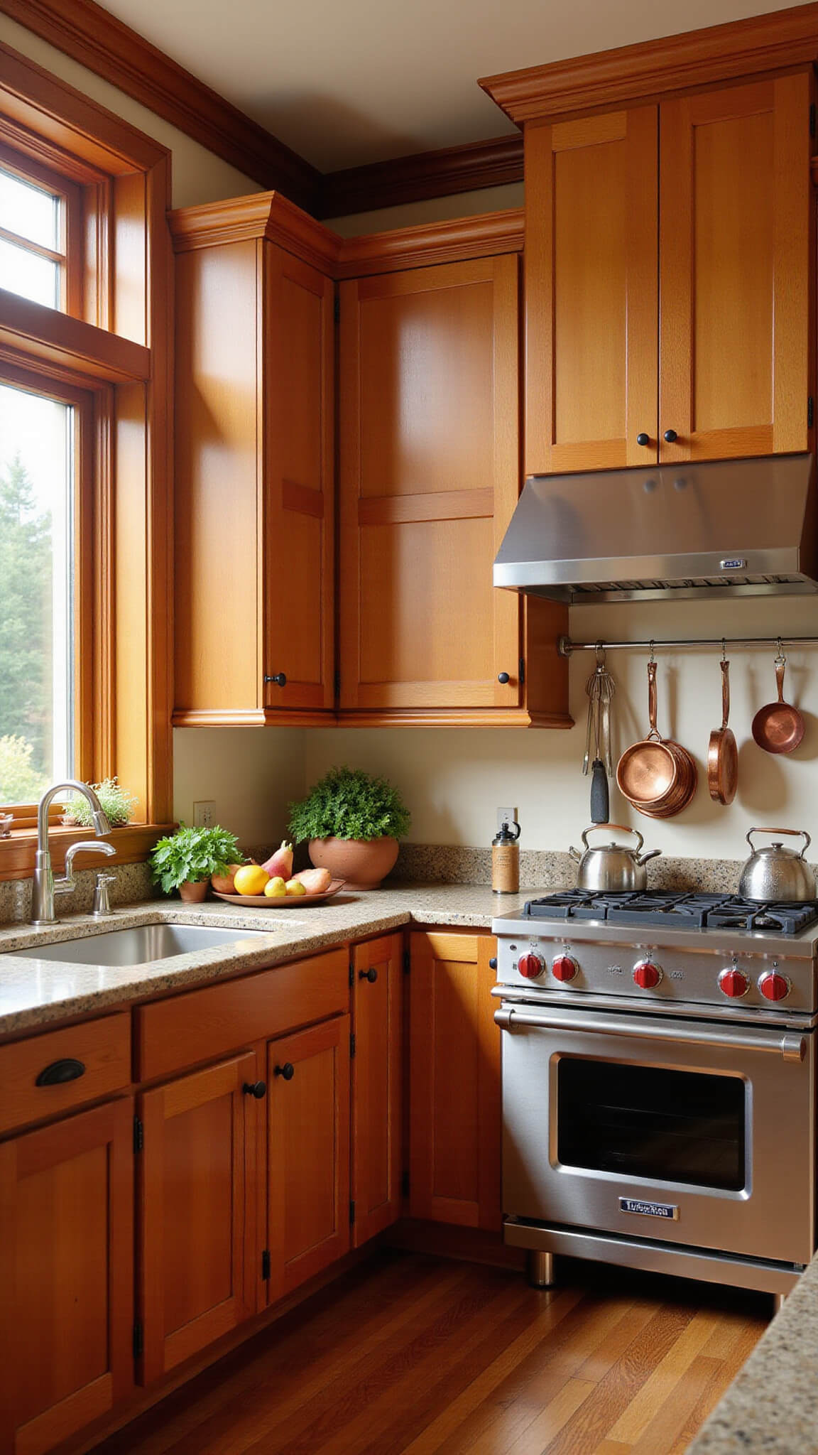 Chef’s kitchen with honey-toned alder cabinets, stainless steel appliances, and copper pots at golden hour.
