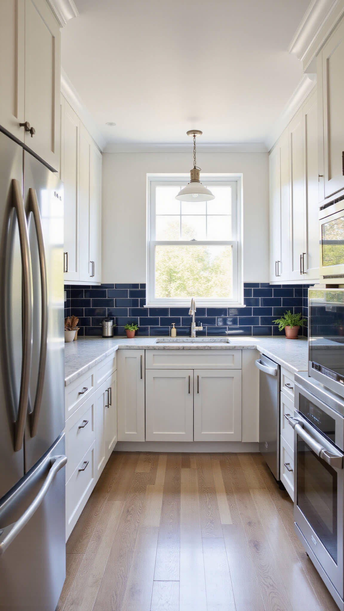 Bright galley kitchen with white cabinets, stainless steel appliances, marble-look countertops, navy backsplash, and morning light streaming through window.