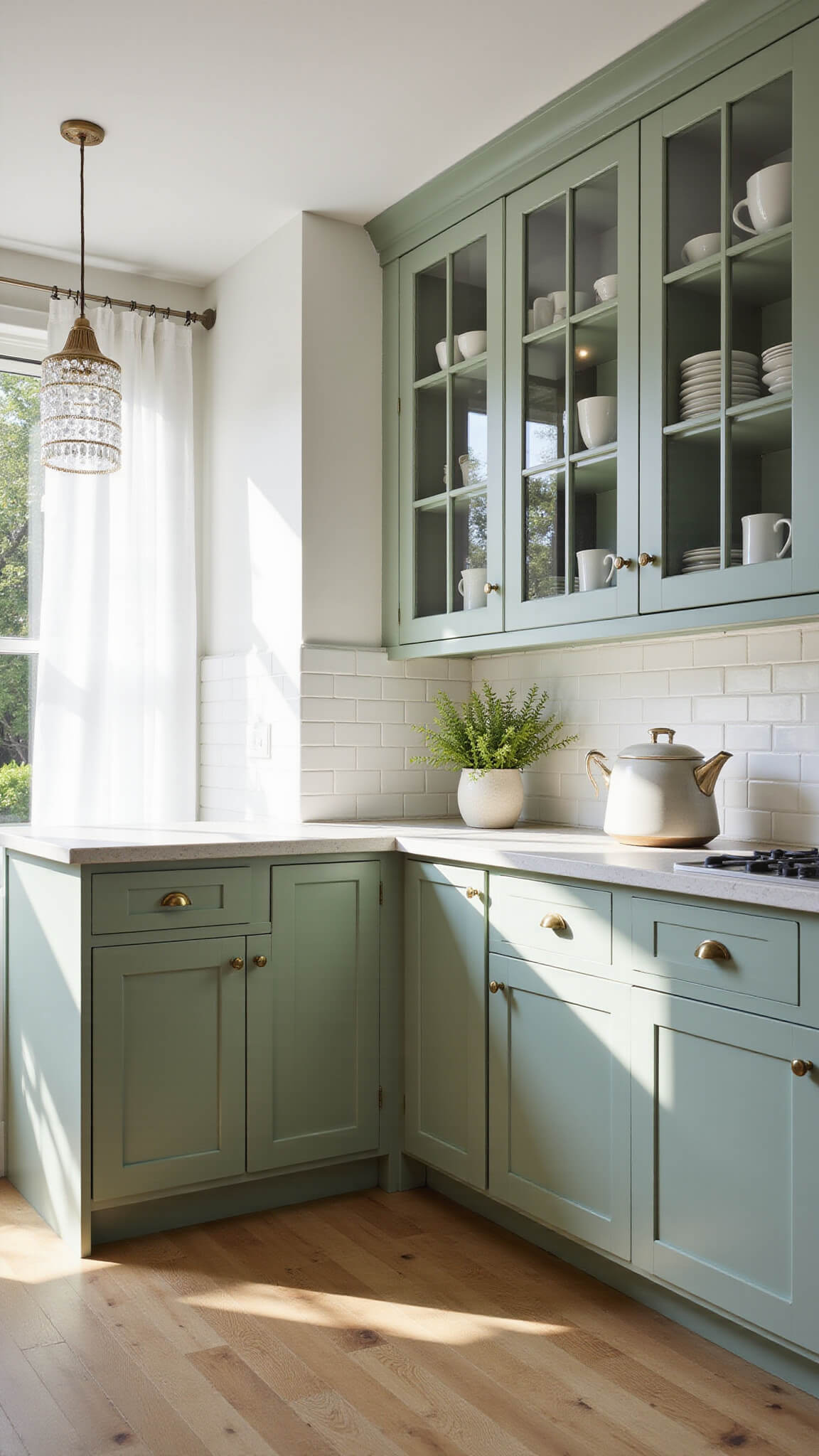 L-shaped sage green kitchen with glass-front cabinets, brass pulls, white subway tile backsplash, light oak floors, and crystal pendant lighting in afternoon sunlight.
