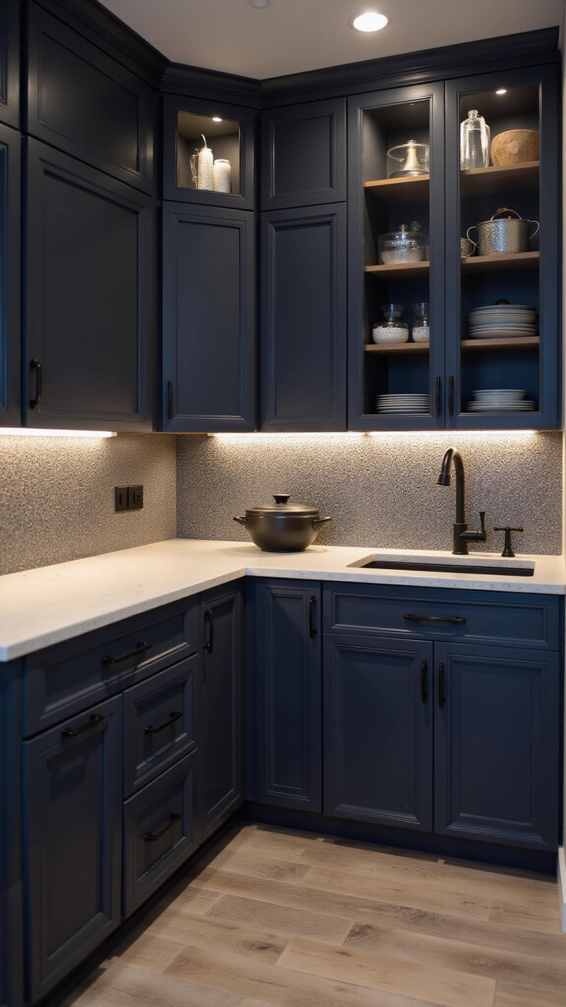 U-shaped 9'x9' kitchen with dark navy cabinets, creamy white quartz waterfall countertop, matte black hardware, and moody recessed lighting at dusk.