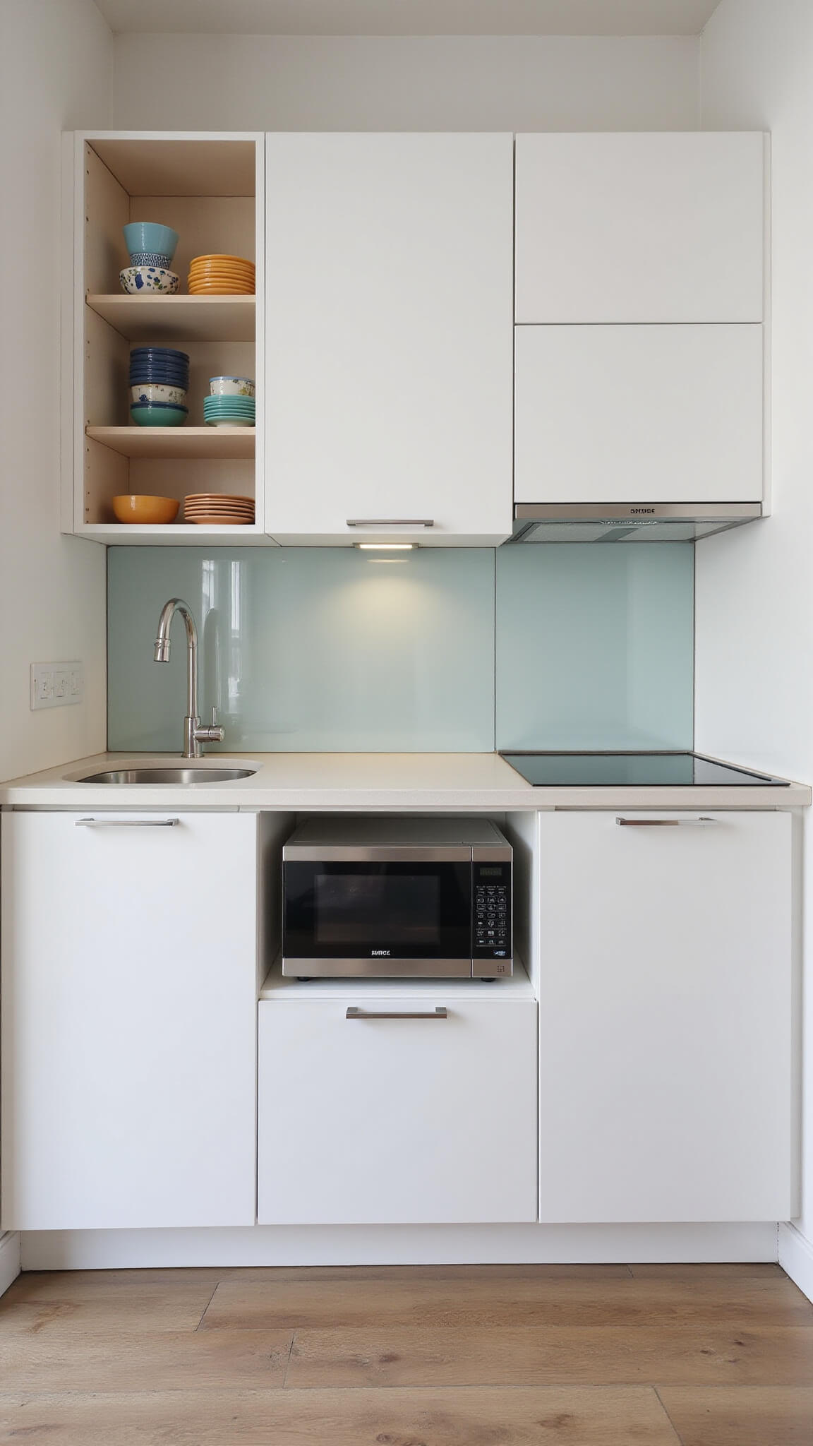 Modern white IKEA ÄSPINGE kitchenette with sleek chrome hardware, compact brushed steel appliances, and vertical storage including pull-out pantries and open shelves displaying colorful ceramics.