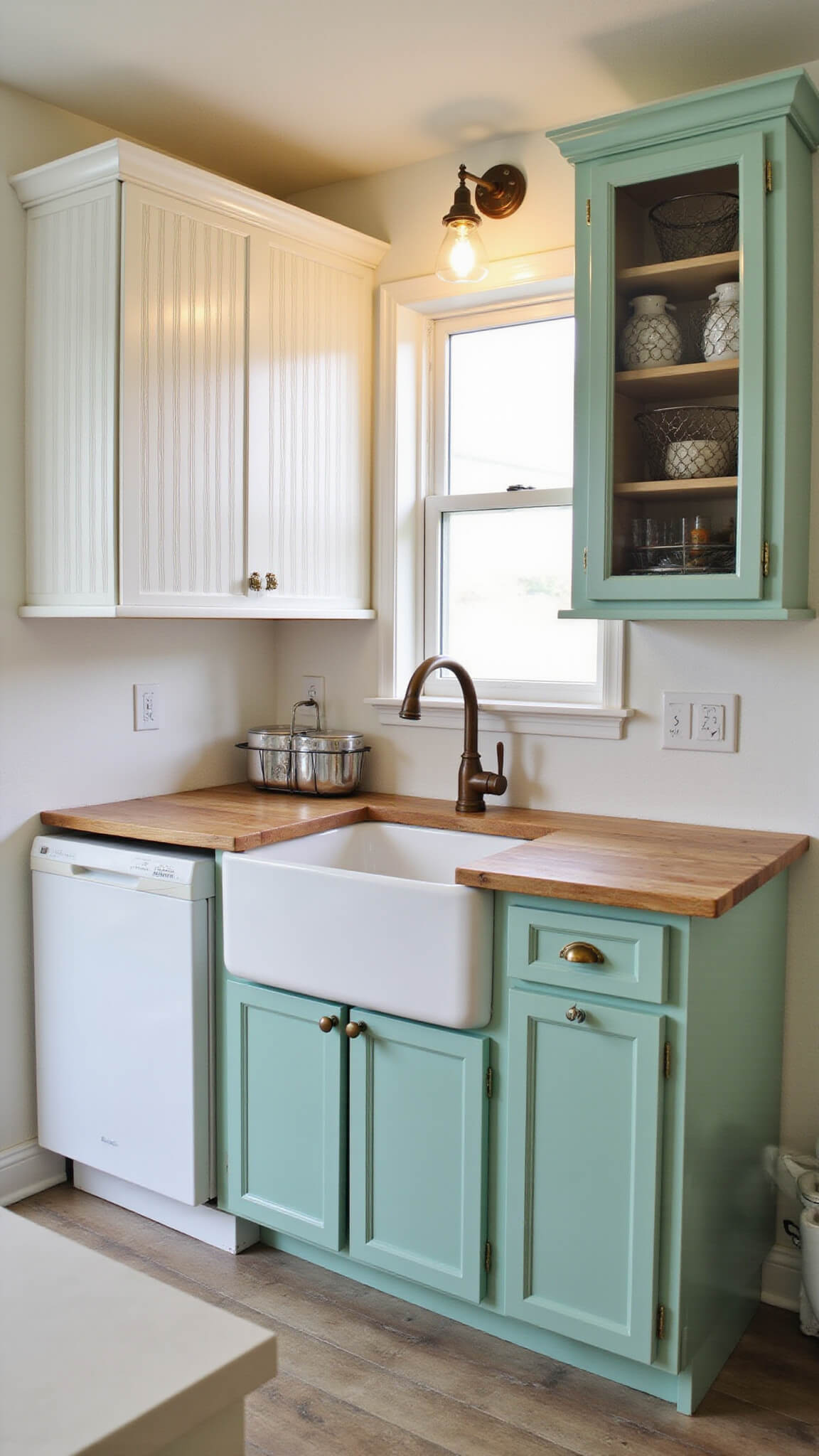Small 7'x10' budget-friendly kitchen with white freestanding beadboard cabinets, mint green wall-mounted units, butcher block countertops, farmhouse sink with bronze faucet, and vintage pendant lighting.