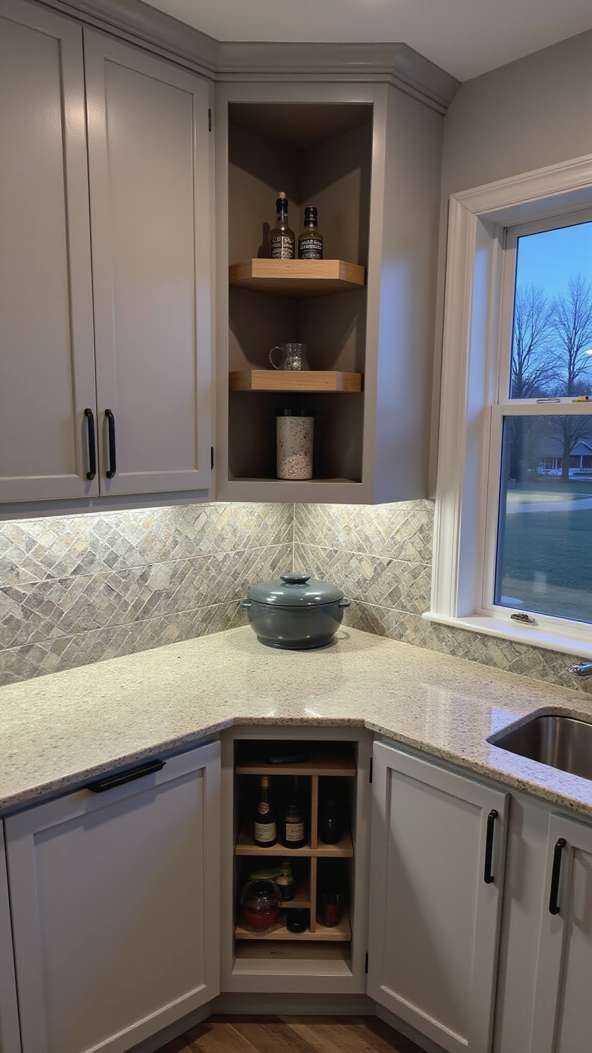 Compact 8'x8' corner kitchen at blue hour with dove gray tall cabinets, quartzite counters, metallic backsplash, LED lighting, and open Lazy Susan unit.
