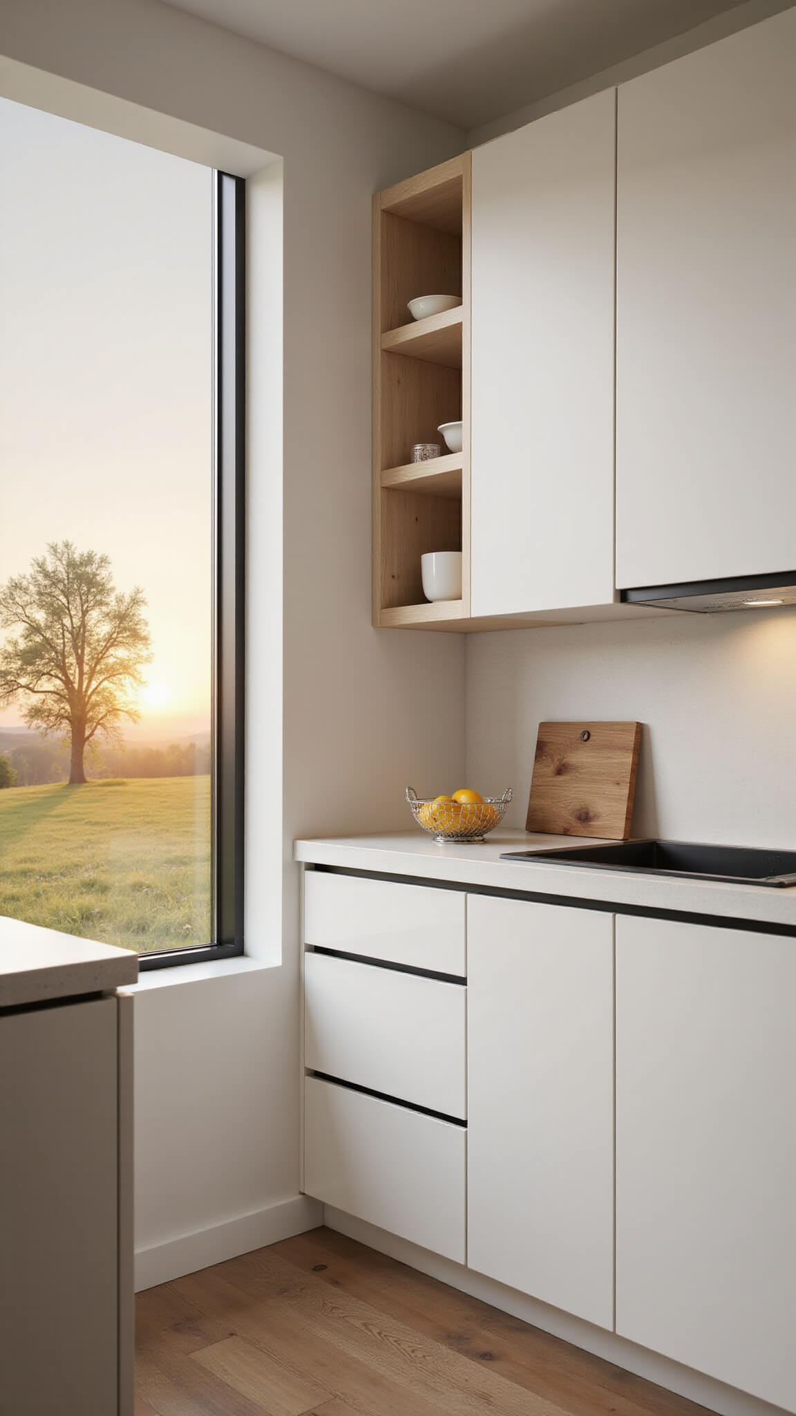 Minimalist 9x7 small kitchen with warm white cabinets, pale wood open shelves, matte black fixtures, and sunset light through a large window.