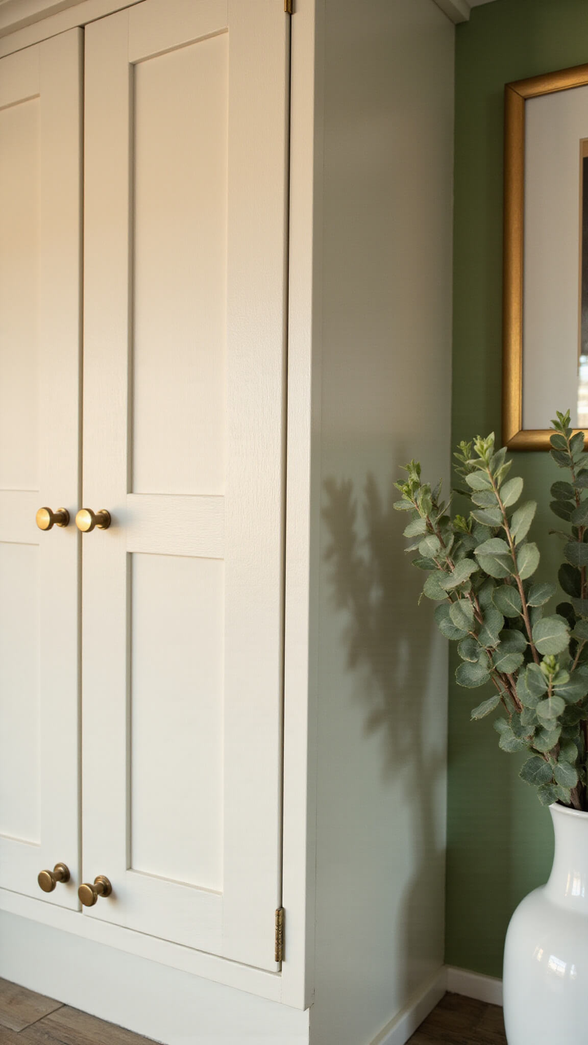 Close-up of Swiss Coffee cabinet corner with brushed brass hardware against a sage green wall, bathed in golden hour light; white ceramic vase with eucalyptus partially visible.