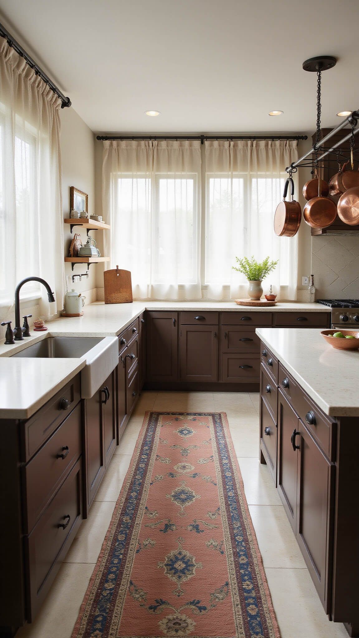Bird's-eye view of L-shaped kitchen with Swiss Coffee cabinets, cream quartz countertops, 6x8ft island, vintage terracotta-blue runner, copper cookware, dark bronze fixtures, and morning light through sheer curtains.