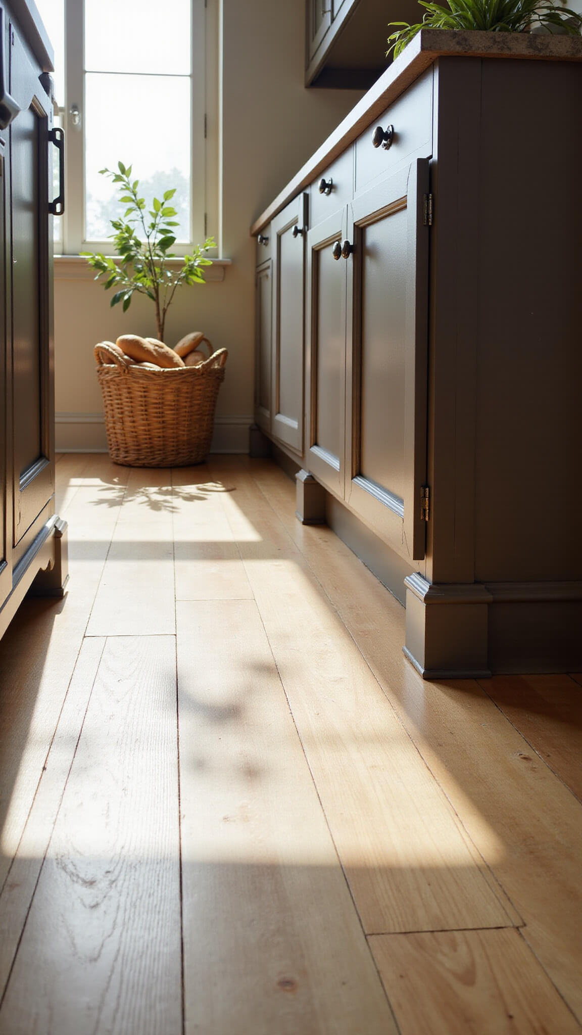 Ground-level view of Swiss Coffee kitchen cabinets with wide-plank white oak floors, woven basket of baguettes, eucalyptus leaves, and dramatic afternoon light with cabinet reflections.