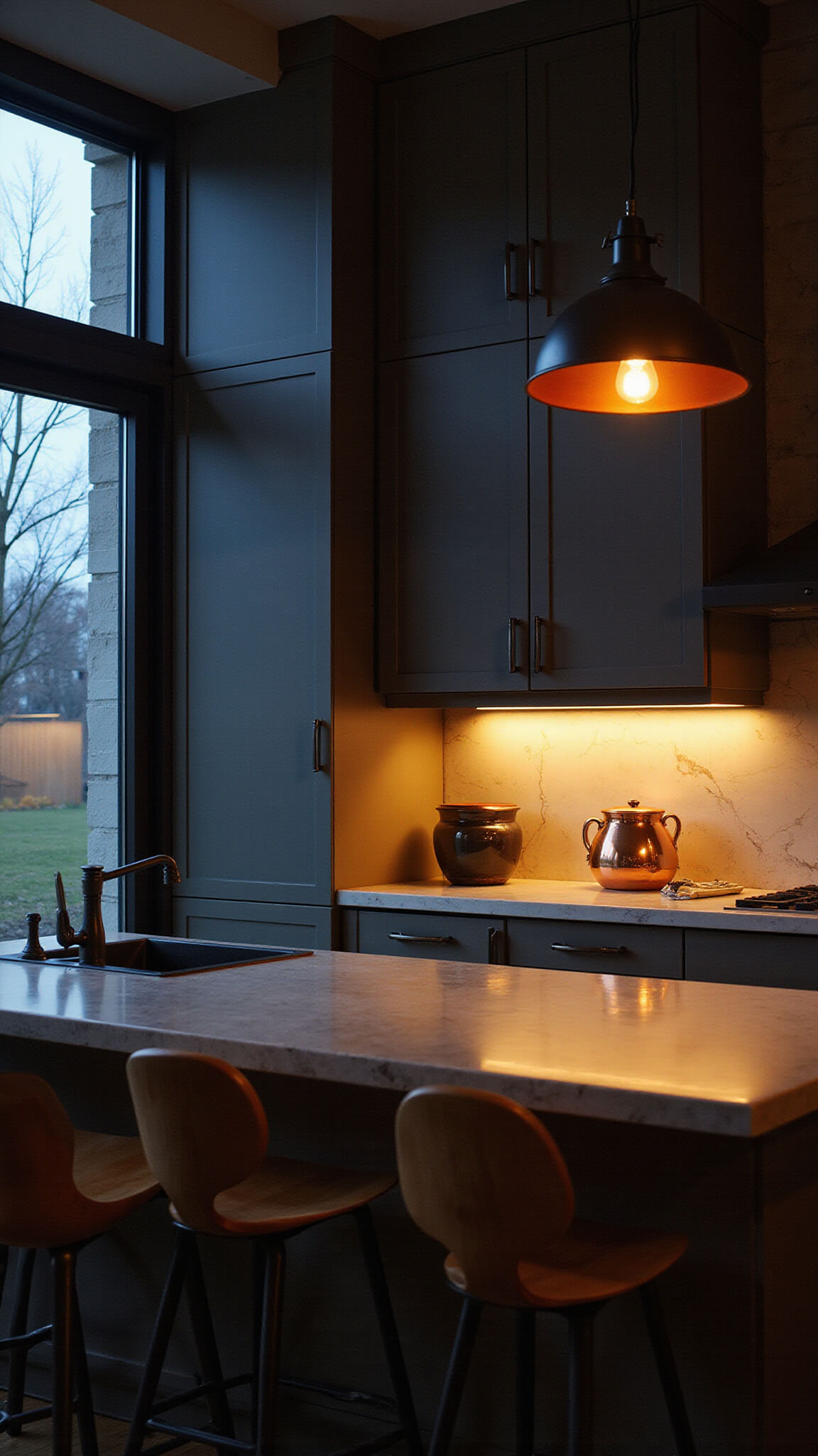 Illuminated Swiss Coffee kitchen at dusk with under-cabinet lighting, black iron pendants, marble backsplash, and copper accents captured at chest height.