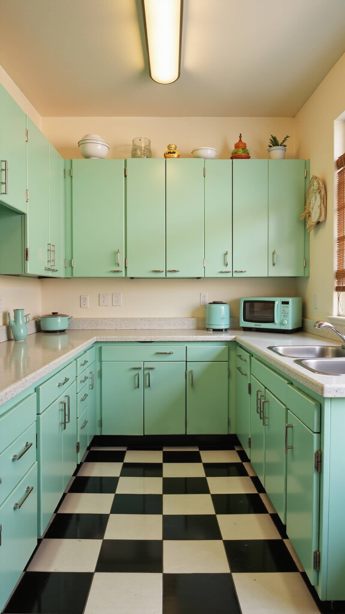 Vintage 1950s mint green kitchen with chrome-trimmed cabinets, terrazzo countertops, checkerboard floor, and retro appliances, styled with vintage Pyrex under warm afternoon light.