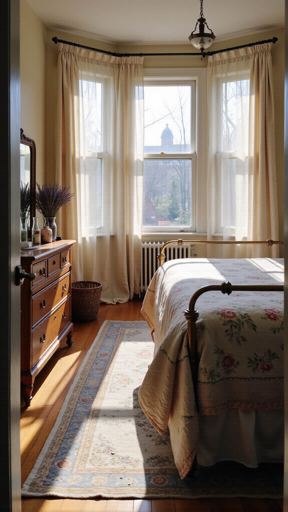 Sunlit vintage bedroom with brass queen bed, floral quilt, antique oak dresser, and bay window casting soft morning light through lace curtains.