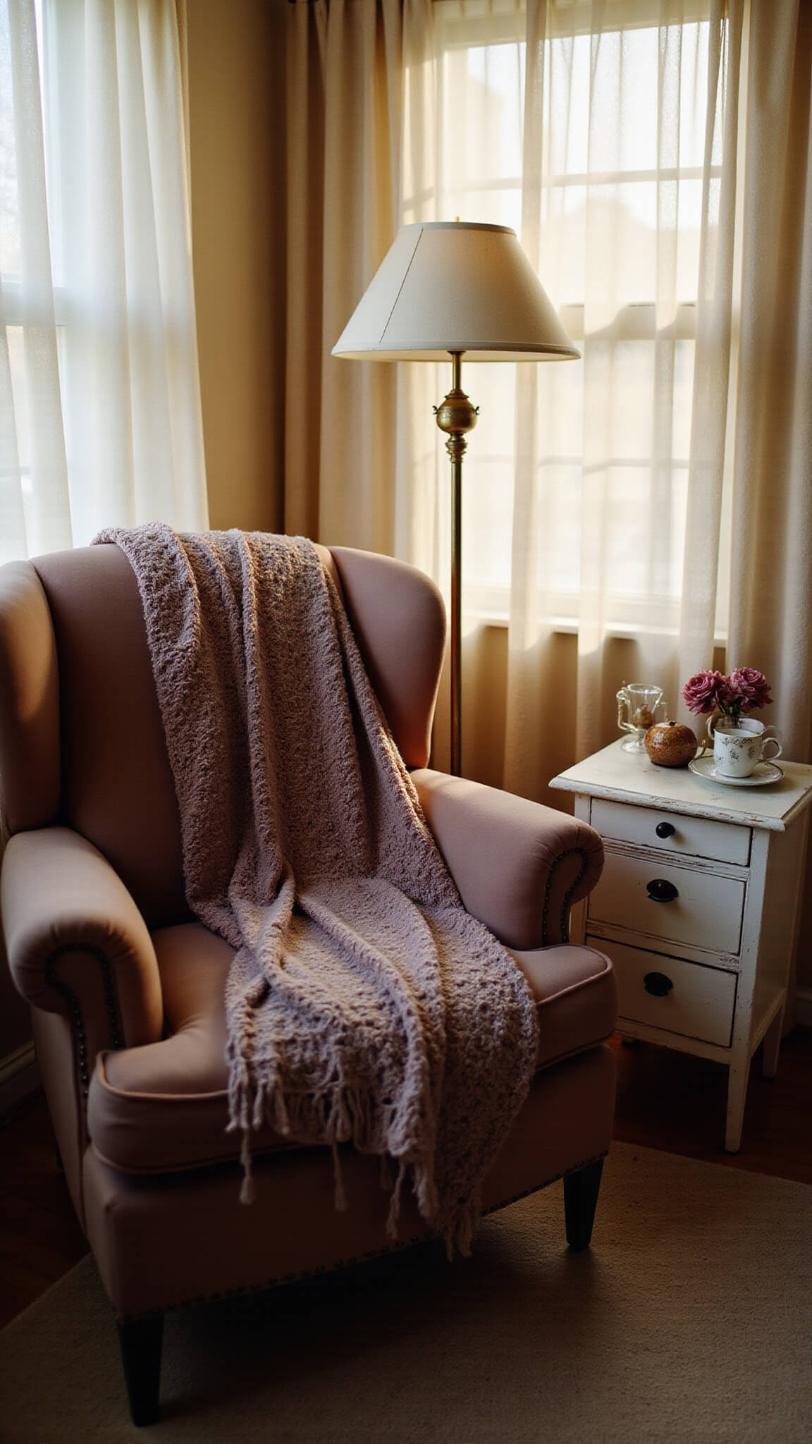 Cozy reading nook with mauve velvet wingback chair, crocheted throw, vintage brass lamp, and distressed white side table in sunlit bedroom corner.