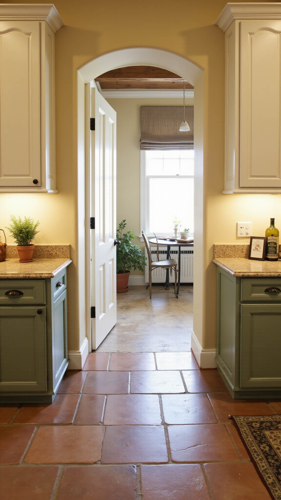 Mediterranean-inspired kitchen with olive green lower cabinets, ivory uppers, limestone countertops, and terra cotta tile floor, viewed from arched doorway in warm mid-morning light.