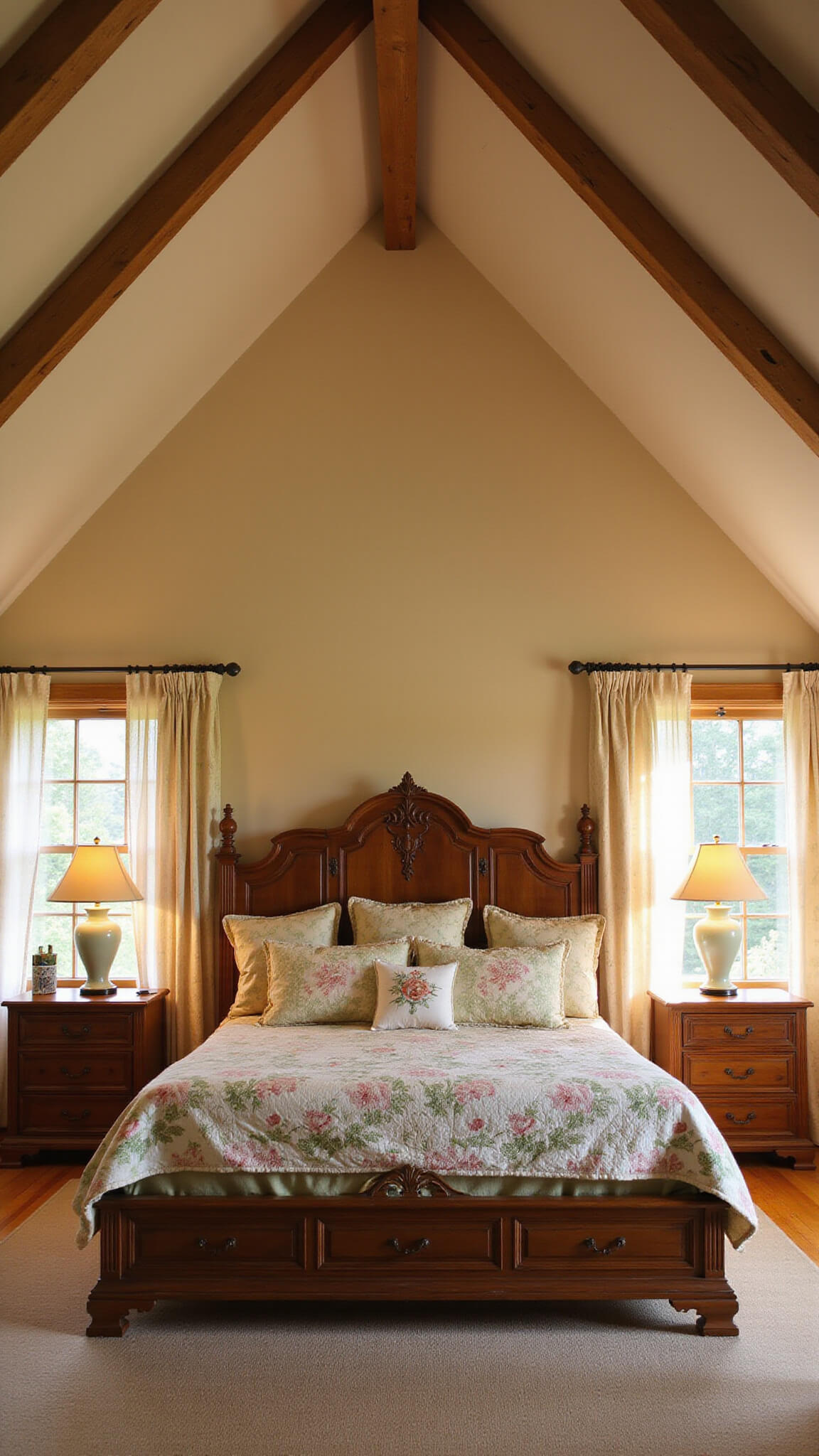 Warm, wide-angle view of 15x12ft master bedroom with cathedral ceiling, exposed beams, king bed with carved headboard, vintage quilts in soft tones, milk glass lamps on matching nightstands, and golden hour light through sheer floor-to-ceiling curtains.