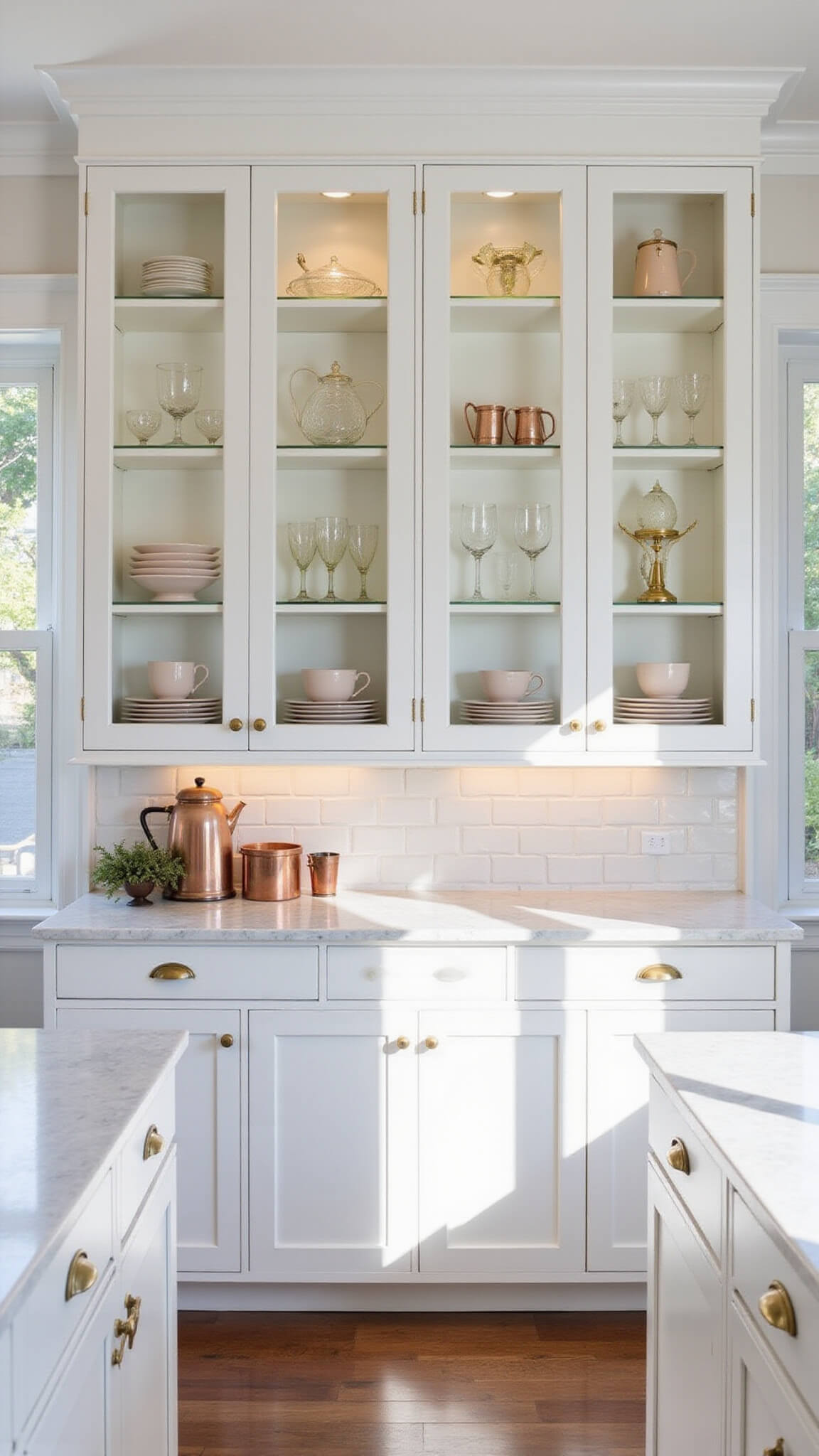 Bright white kitchen with tall glass-front shaker cabinets displaying blush ceramics, copper accents, and crystal glassware, illuminated by morning sunlight and soft LED lighting.