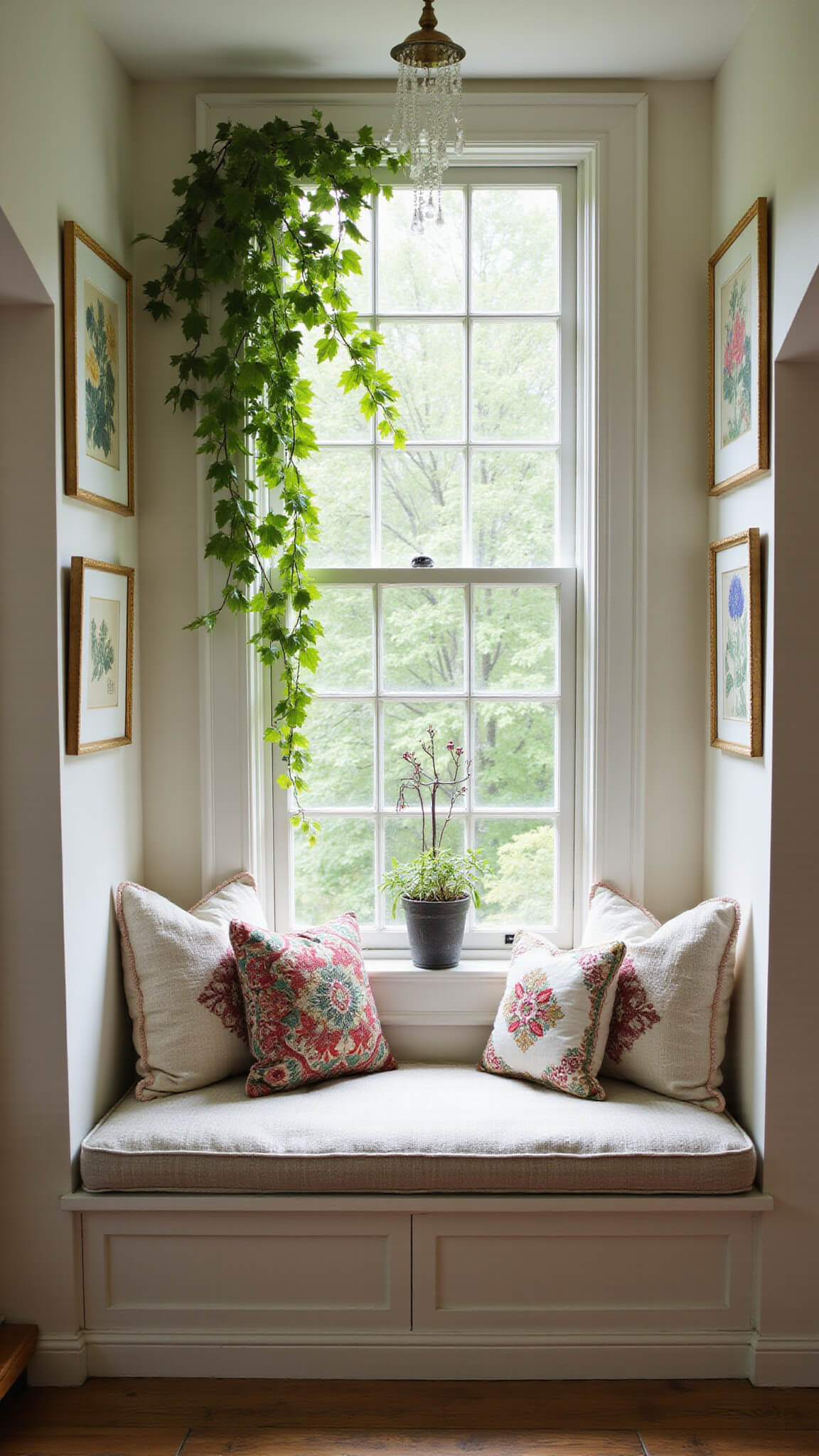 Cozy garden-view window seat in 5x8ft dormer nook with cushioned white bench, vintage quilts, embroidered pillows, botanical prints, hanging crystal prisms casting rainbows, and trailing English ivy.