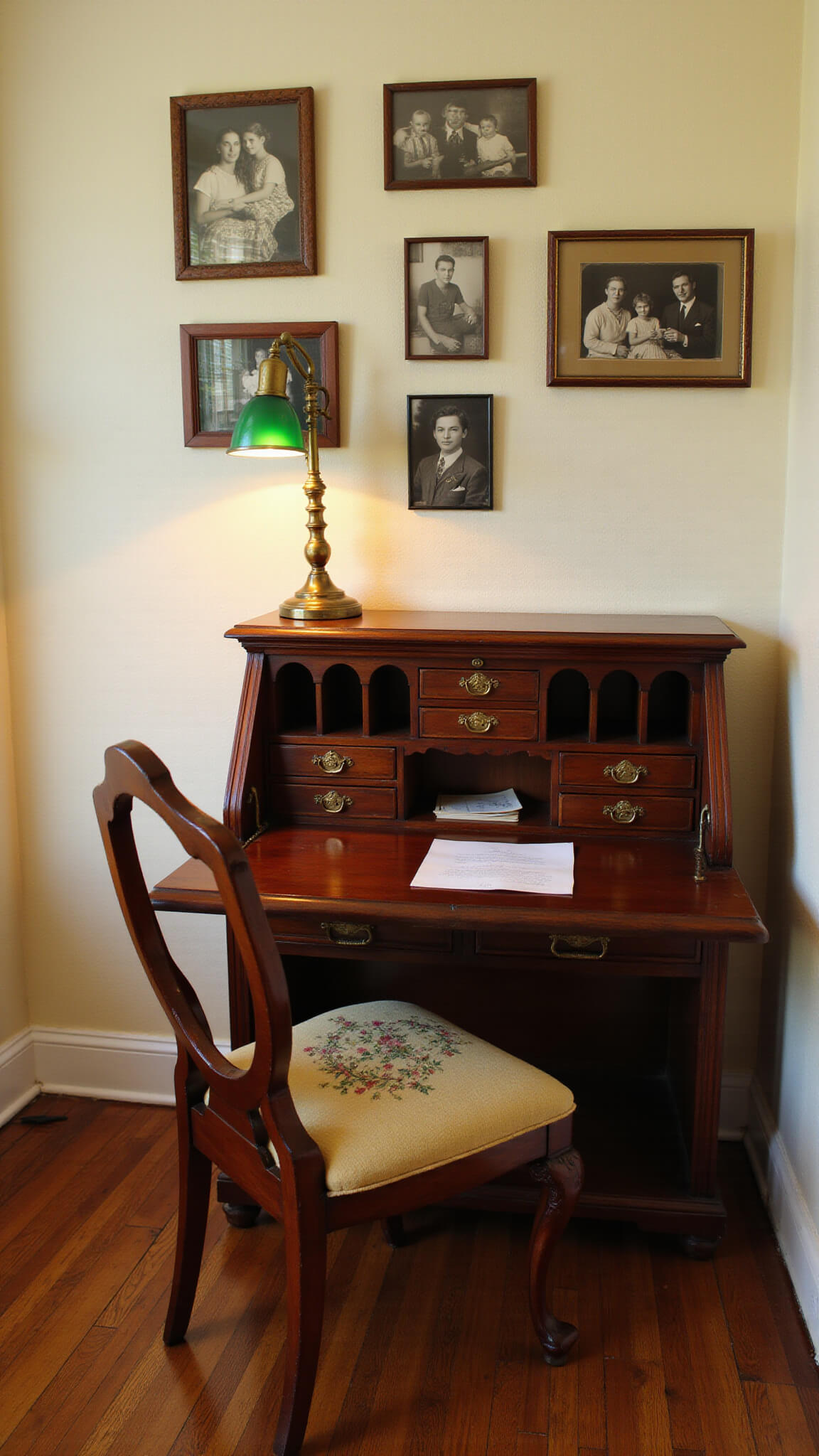Antique mahogany secretary desk with open writing surface, vintage postcards, brass lamp, and carved chair in sunlit bedroom workspace.