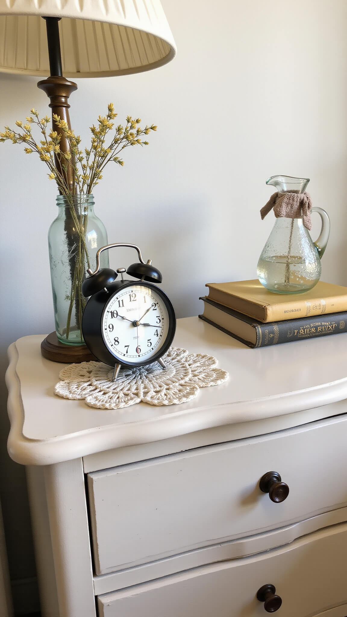 Cozy bedside vignette with vintage alarm clock, glass water carafe, dried wildflowers on crocheted doily, stack of old books, and tasseled lamp in soft morning light.