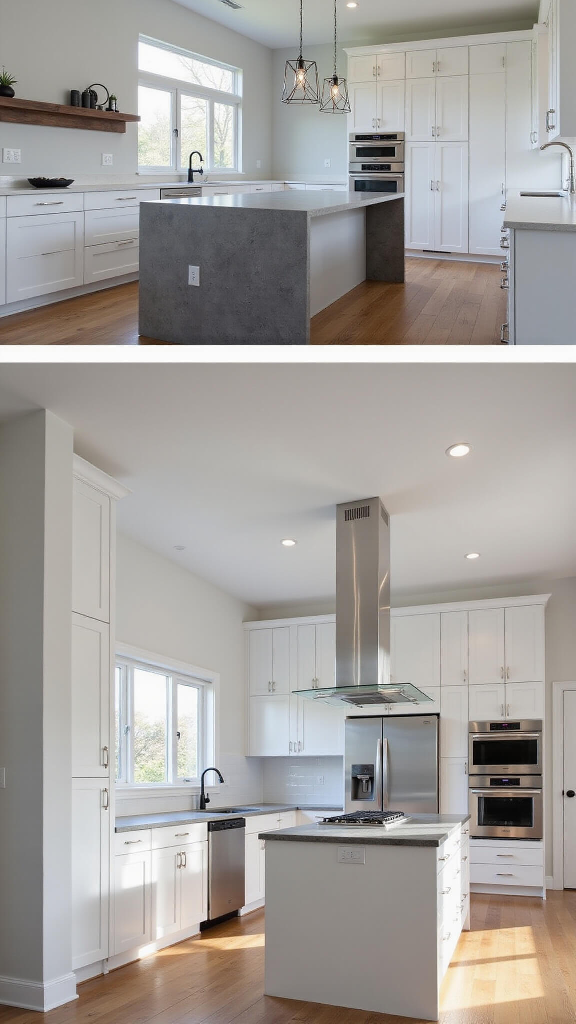 Modern white maple kitchen with floor-to-ceiling cabinets, gray quartzite waterfall island, stainless steel appliances, and geometric pendant lights in late afternoon light.