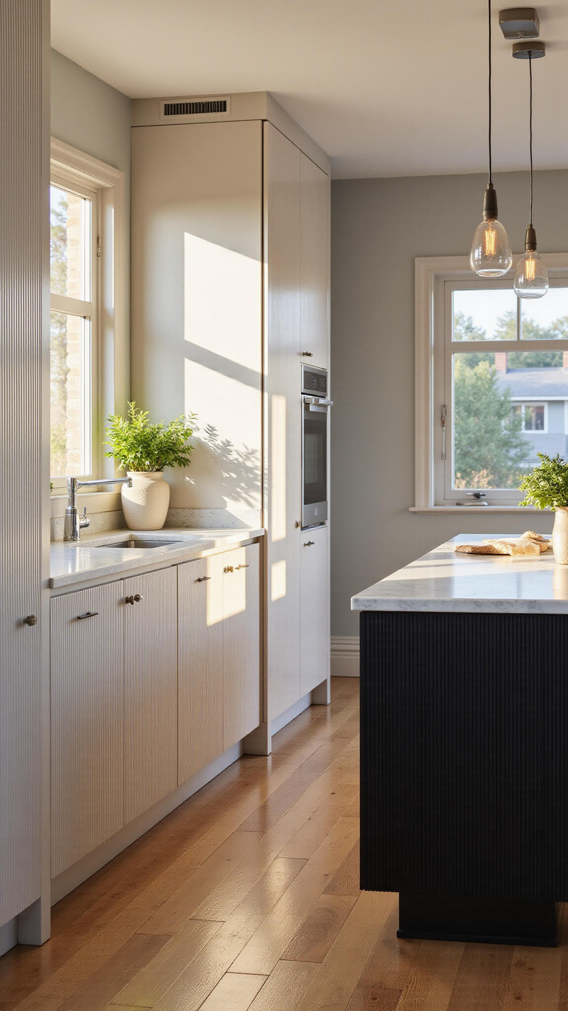 Modern kitchen with fluted white oak cabinets, black fluted island with Carrara marble top, stainless appliances, and afternoon sunlight streaming through large windows.