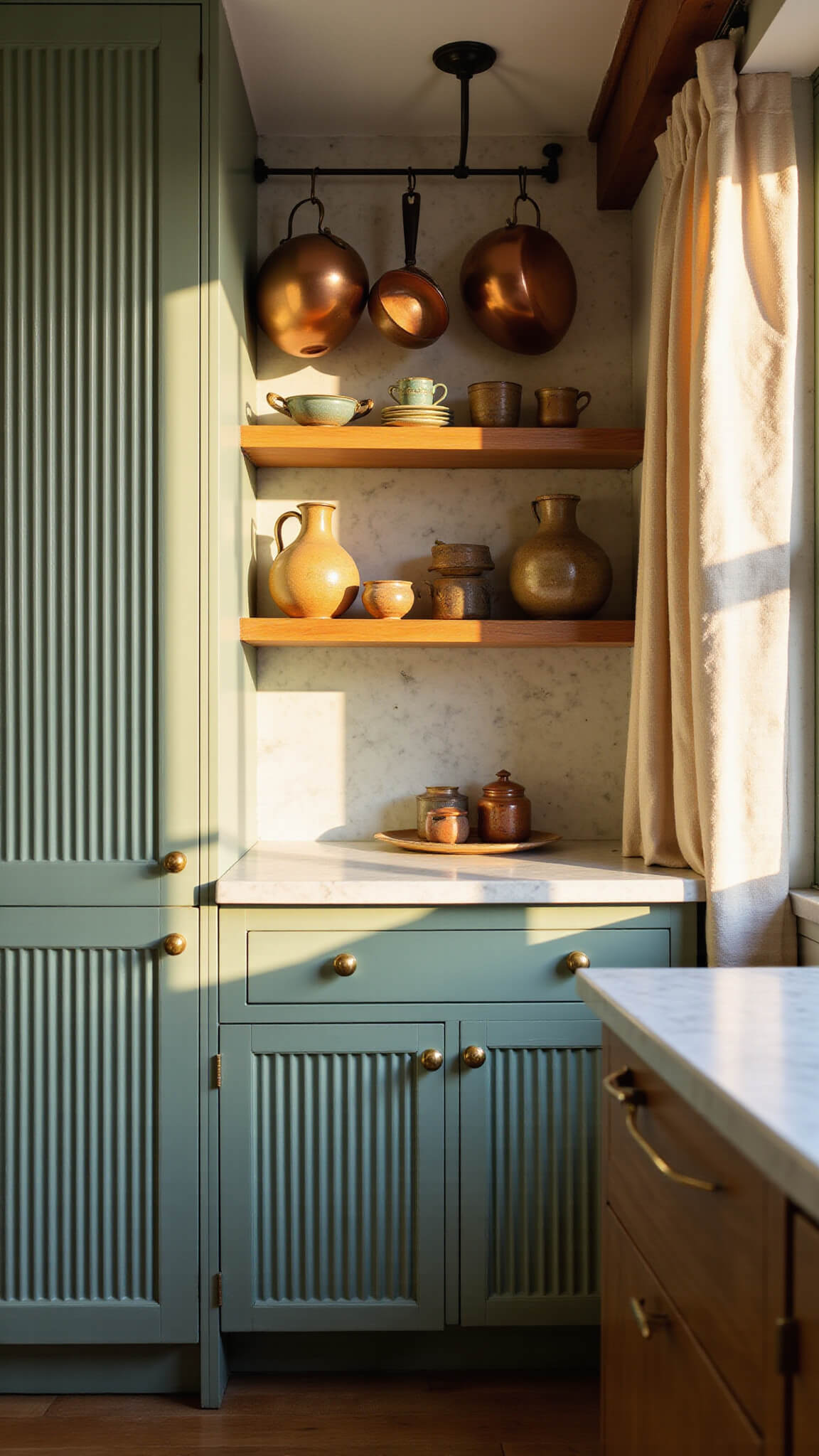 Close-up of sage green fluted kitchen cabinets with brass hardware in golden hour light, casting shadows; wooden shelves with pottery, copper pots overhead, linen curtains, and marble backsplash.