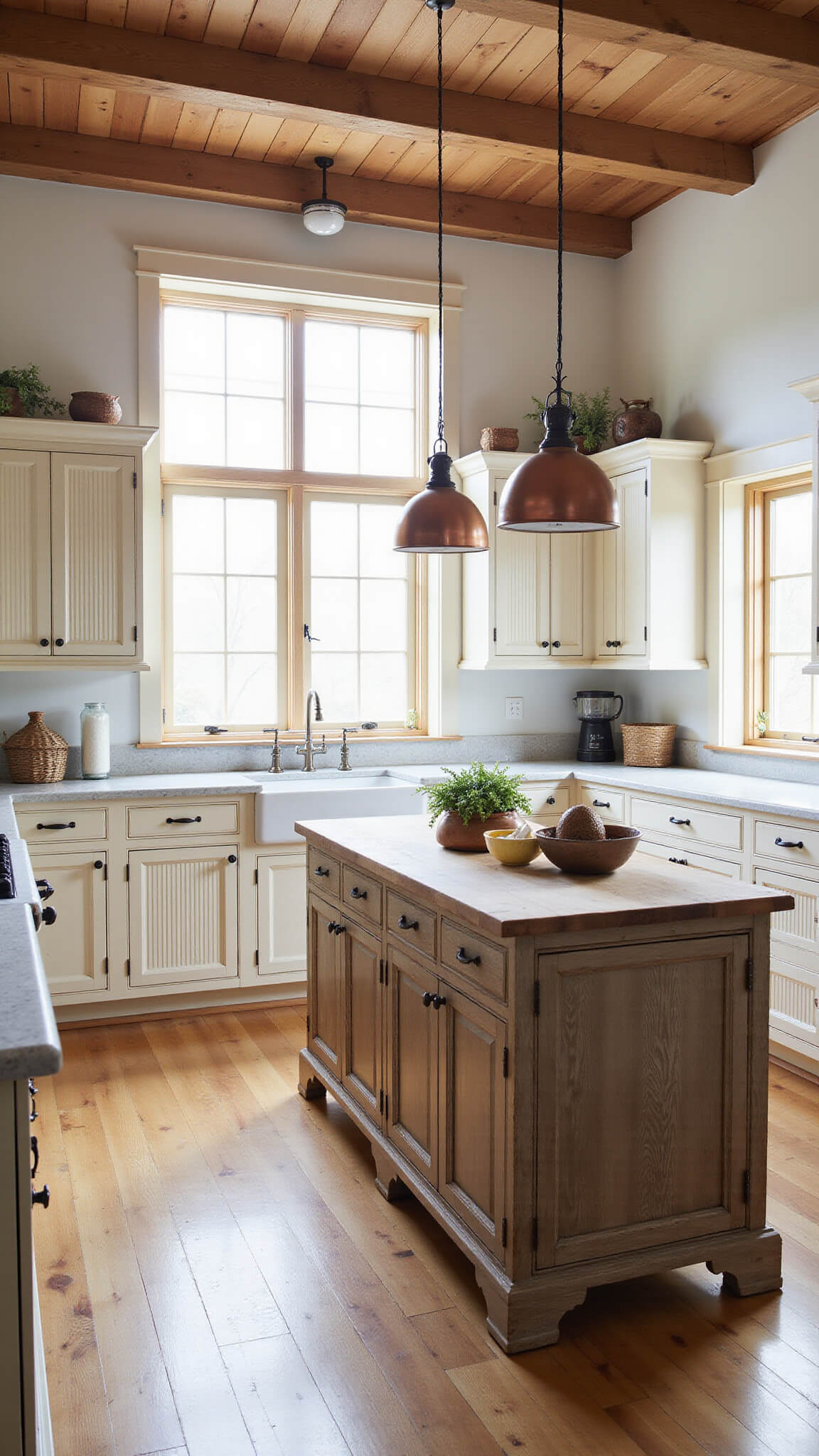 Wide-angle view of a rustic-luxe farmhouse kitchen with cream fluted cabinets, reclaimed wood island, wooden beam ceiling, and morning light through mullioned windows.