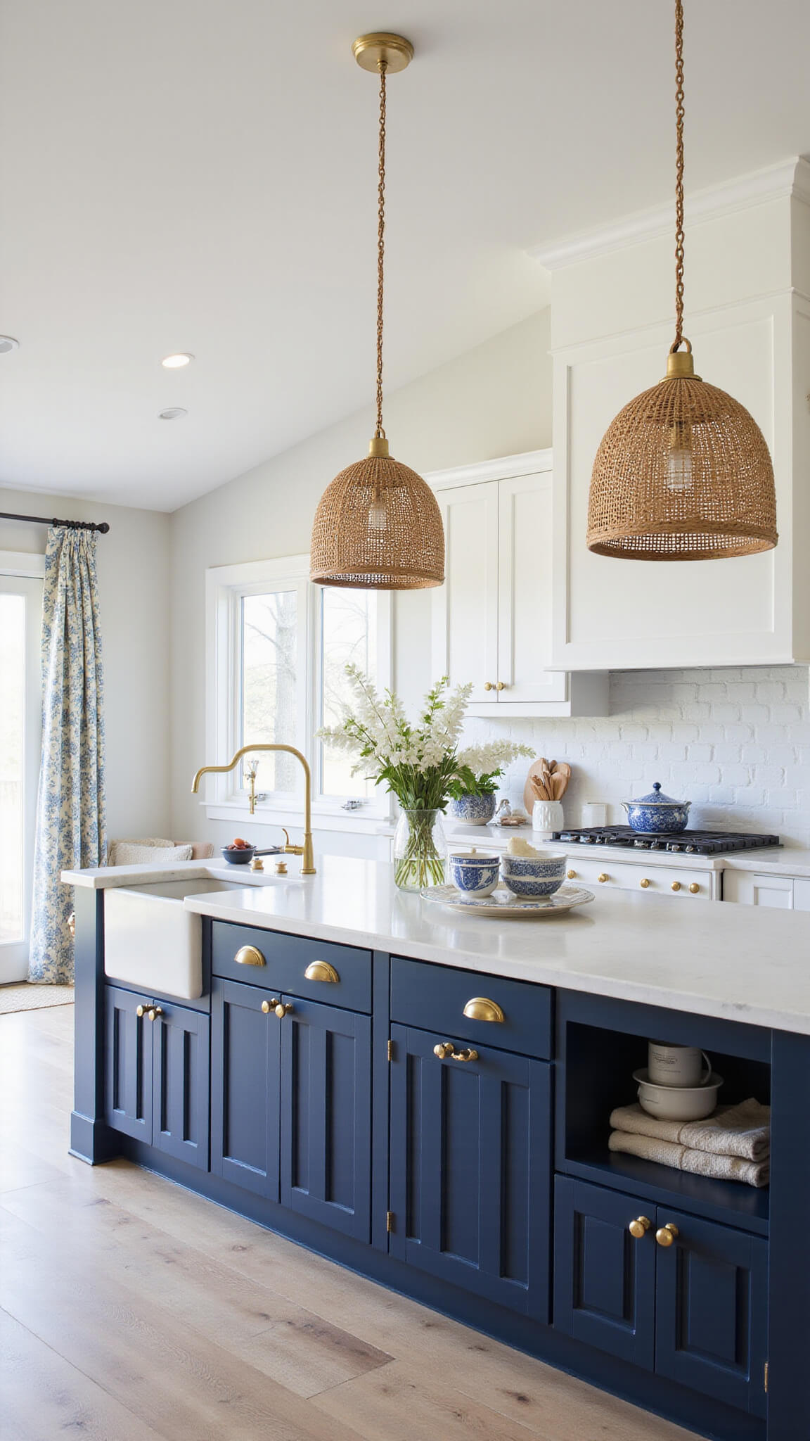 Contemporary coastal kitchen with navy fluted cabinets, white uppers, brass fixtures, rattan pendants, and waterfall island on white oak floors.