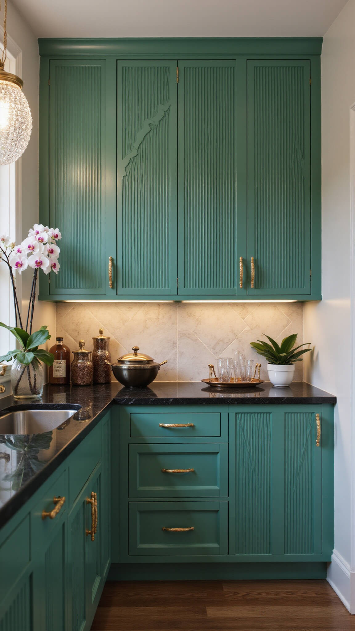 Art deco kitchen with emerald green fluted cabinets, gold hardware, chevron marble backsplash, black granite counters, hidden LED lighting, crystal pendants, and vintage barware decor.