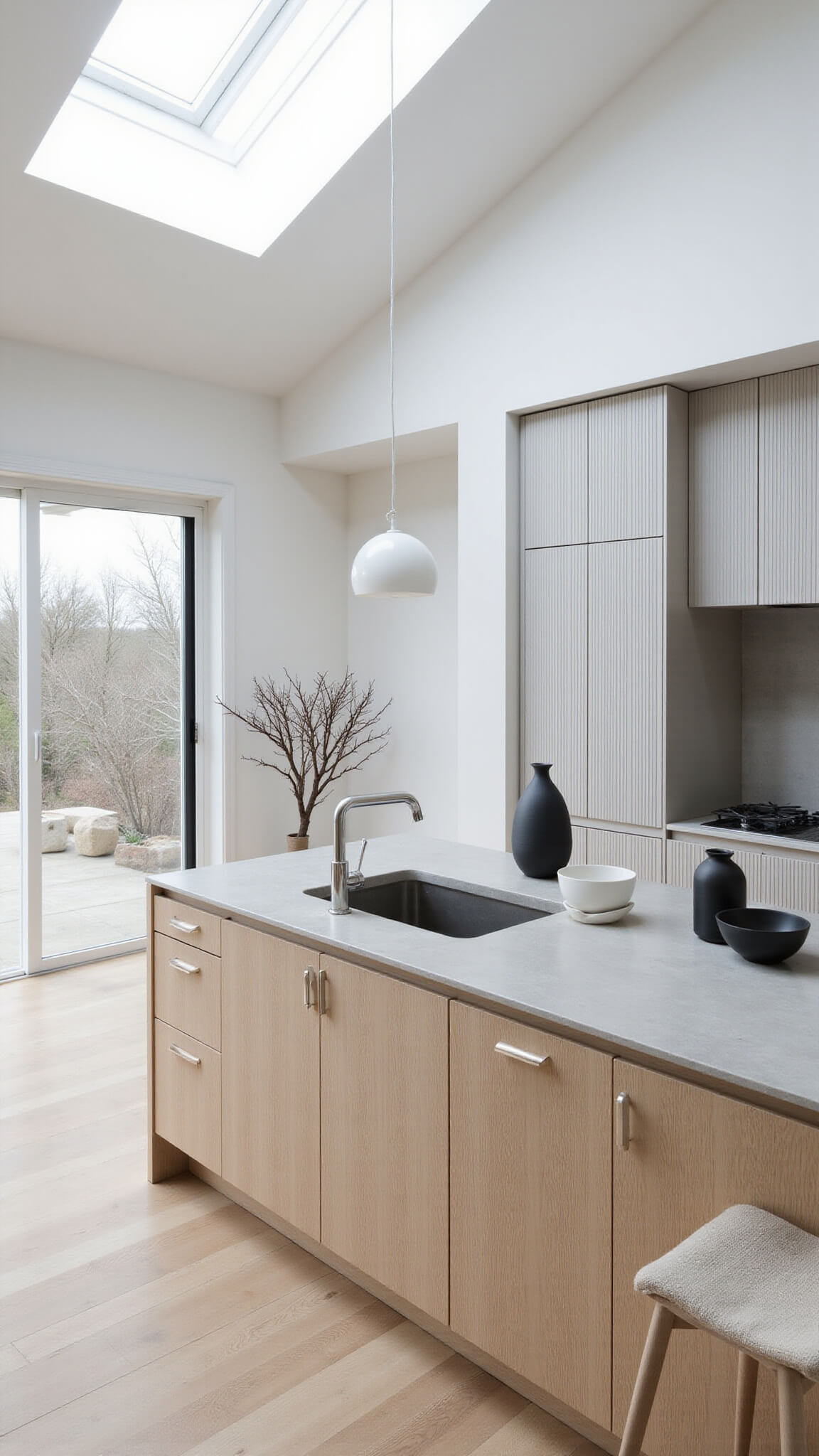 Scandinavian minimal kitchen with pale gray fluted cabinets, bleached oak island, concrete counters, and skylight casting soft morning light.