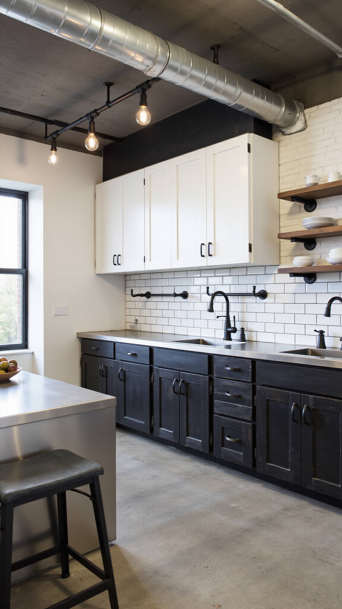Loft-style industrial kitchen with concrete floors, exposed ductwork, white upper cabinets, distressed black metal lower cabinets, stainless steel countertops, black pipe shelving, Edison bulb fixtures, subway tile walls, and vintage stools.