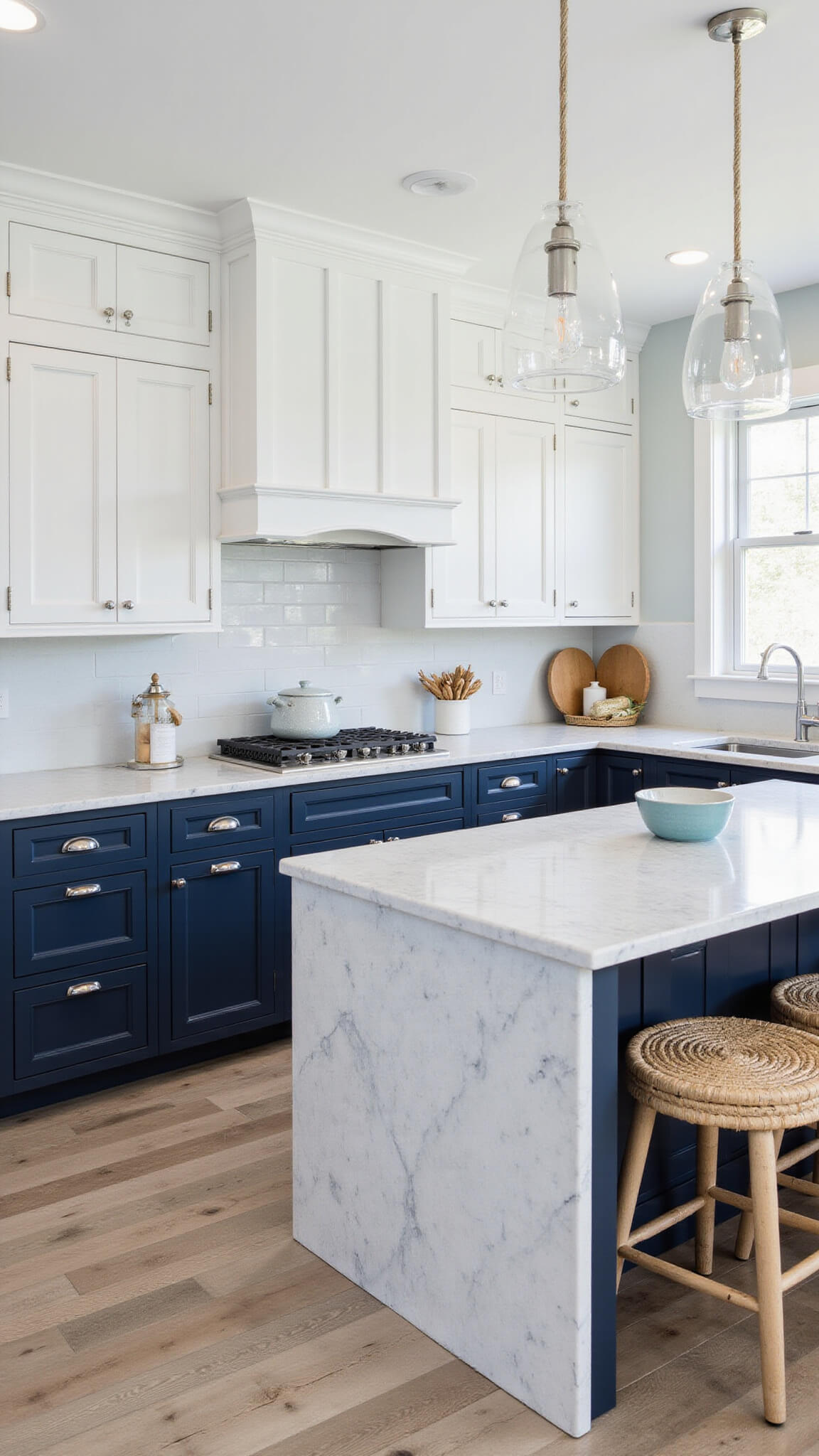 Bird's eye view of a contemporary coastal kitchen with navy lower cabinets, white uppers, quartzite countertops, rope pendant lights, woven bar stools, and driftwood flooring.