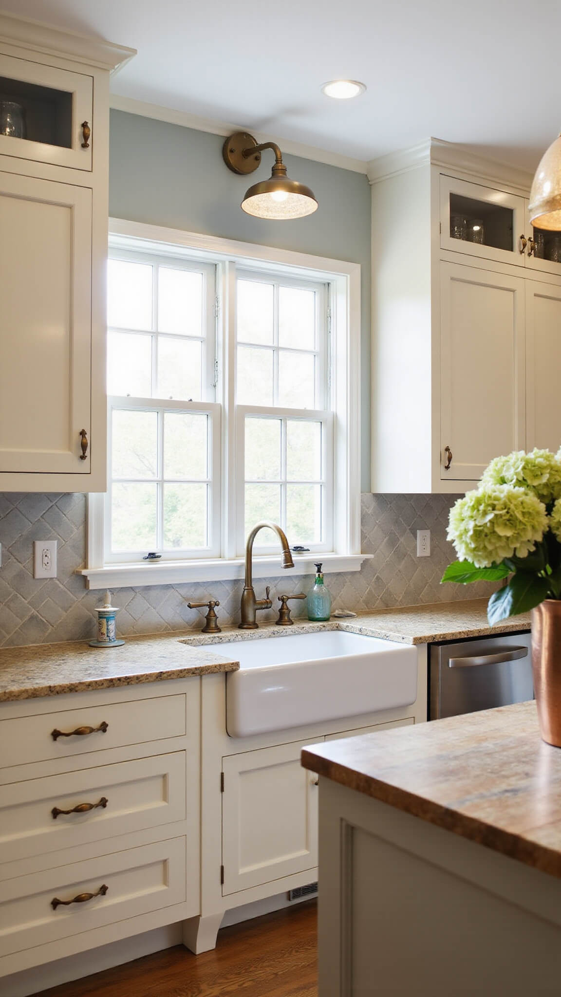 Traditional sunlit kitchen with cream Shaker cabinets, farmhouse sink, marble backsplash, and oak island adorned with hydrangeas.