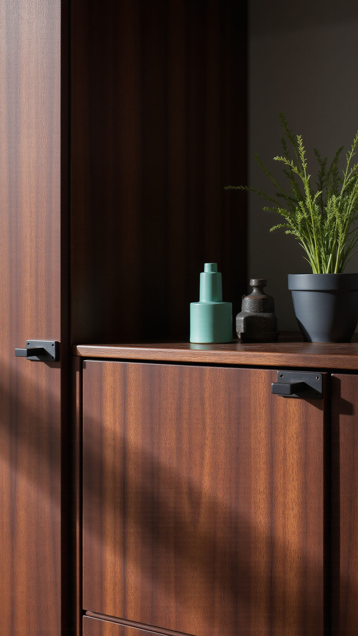 Close-up of rosewood cabinet corner with dramatic lighting, showcasing wood grain, blackened brass recessed pulls, and minimal sculptural decor.