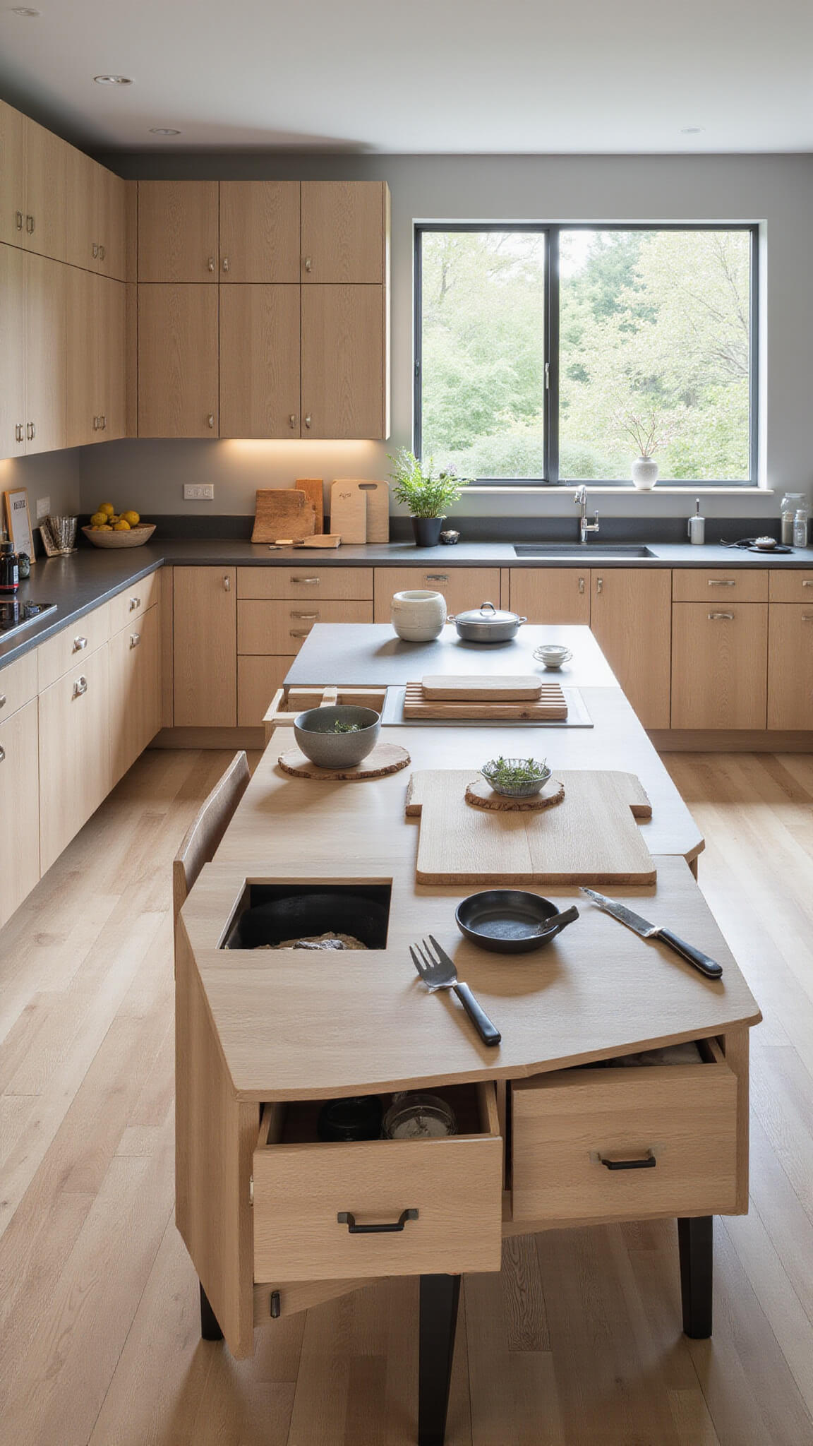 Overhead view of a modern kitchen island with oak cabinetry, geometric cutting boards, and hidden storage, lit by natural and soft fill light.