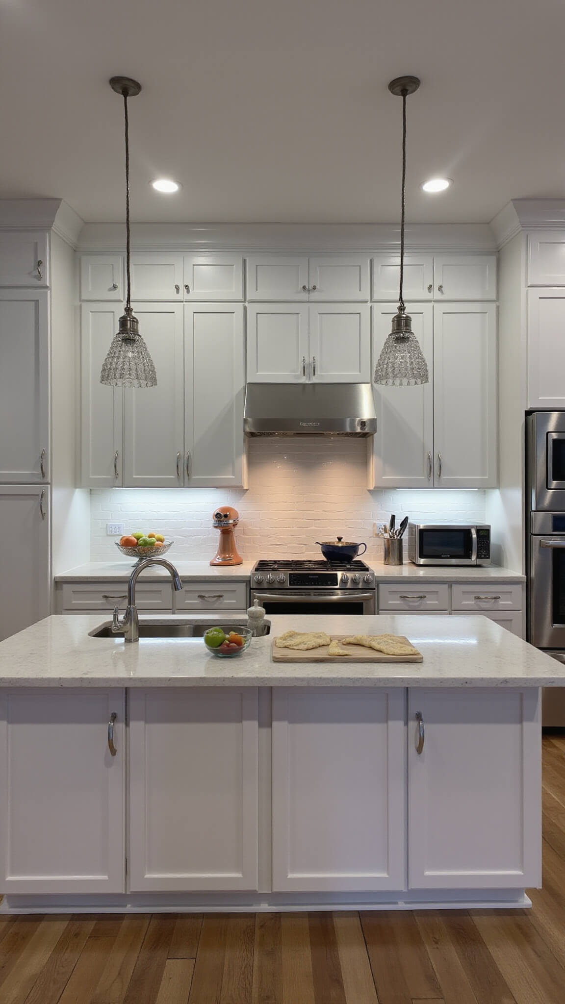 Modern kitchen with glossy white cabinets, stainless appliances, and layered lighting; cooking scene includes marble pastry board, copper mixer, and fresh ingredients.