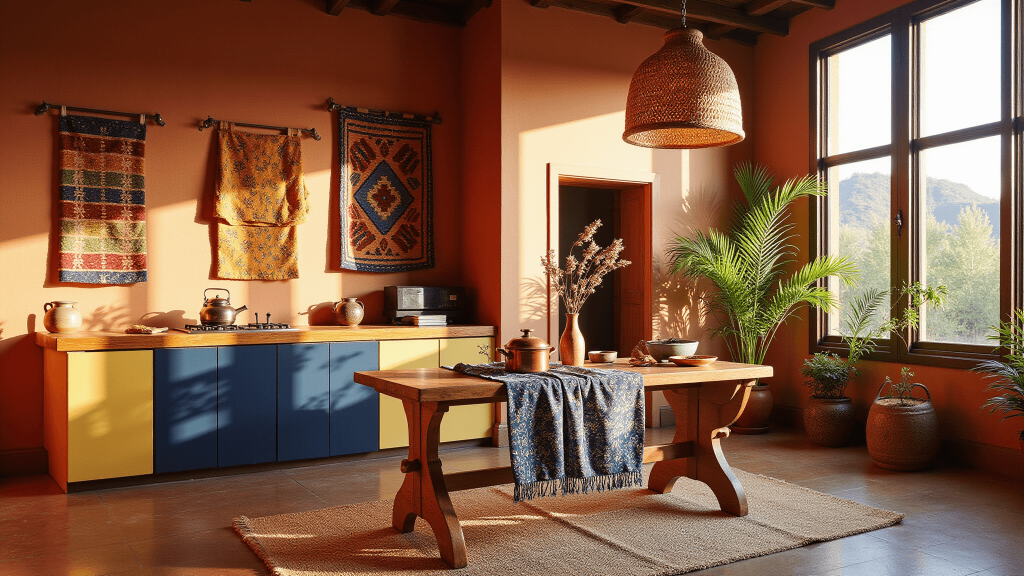 "Sunlit bohemian kitchen with terracotta walls, rattan lights, wooden table with Ankara textiles and potted snake plants"