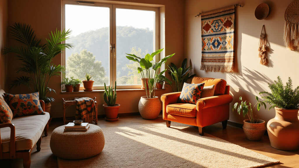 "Sunlit living room with tribal African themes, embellished with burnt orange velvet armchair, layered tribal print cushions, rattan furniture, terracotta pots with plants, brass accents and patterned throws in warm tones."