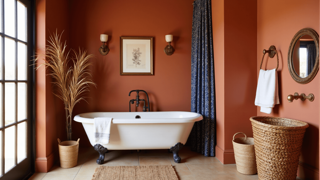 "Afrohemian styled bathroom with terracotta walls, a vintage clawfoot tub, indigo Ankara curtains, rattan baskets, brass sconces, dried palm fronds, and warm sunset lighting against a clean background"
