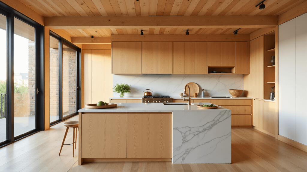 "Alder wood kitchen interior with warm honey toned cabinets, marble island, copper accents, fresh herbs, bathed in soft golden hour sunlit, in a minimalist styling"