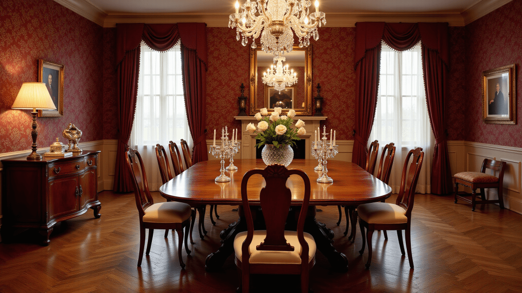 "Antique dining room with mahogany table, crystal chandelier, and golden hour light"