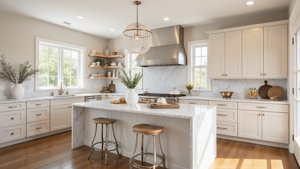 "Beige transitional kitchen with marble island and brass hardware under morning sunlight"