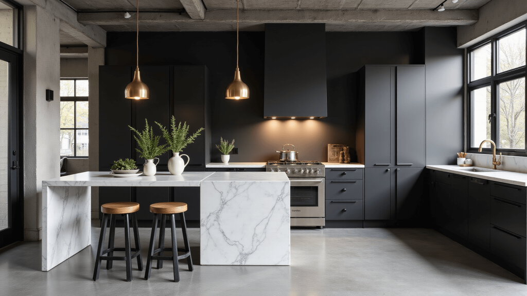 "Modern black kitchen with matte cabinets, marble island, brass fixtures, and morning light"